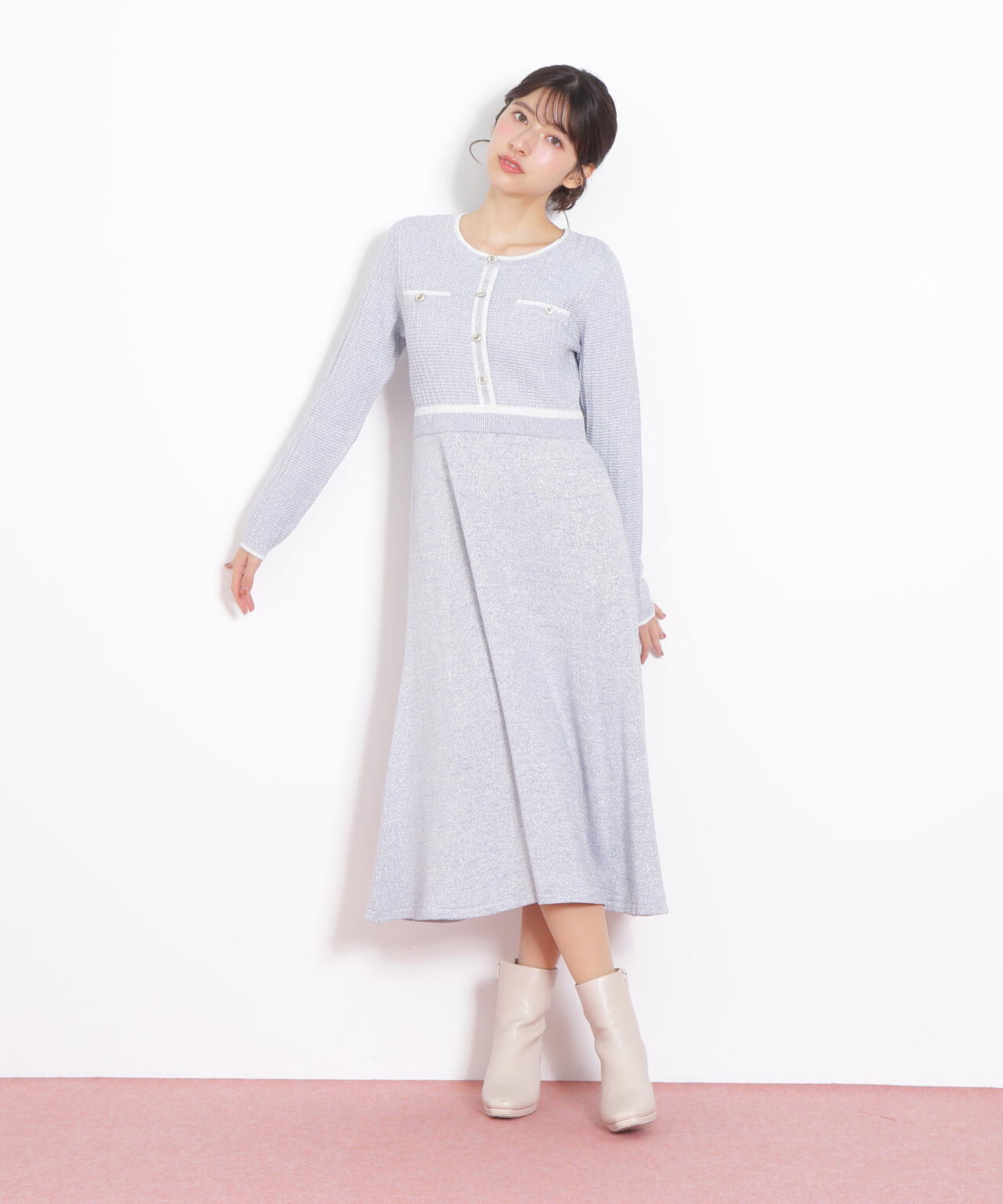 ラメツイード配色ニットワンピース