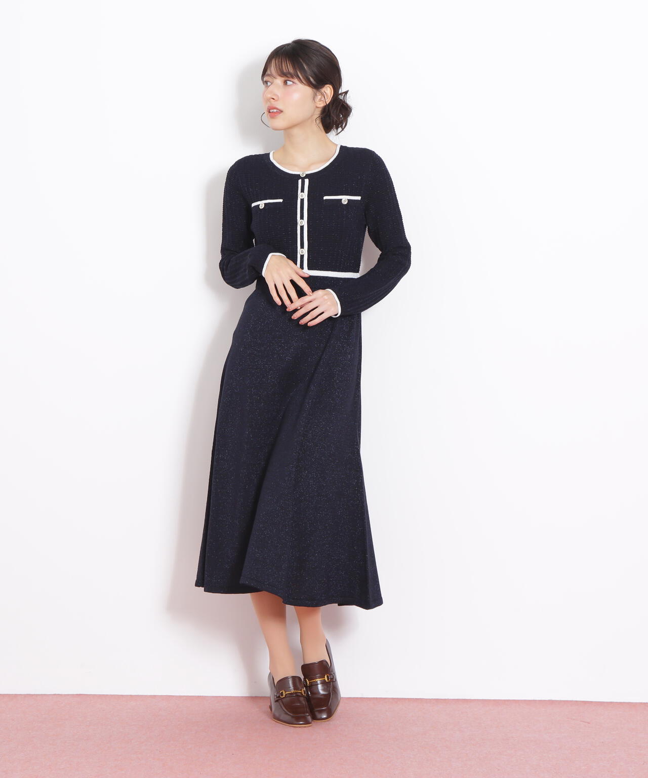 ラメツイード配色ニットワンピース