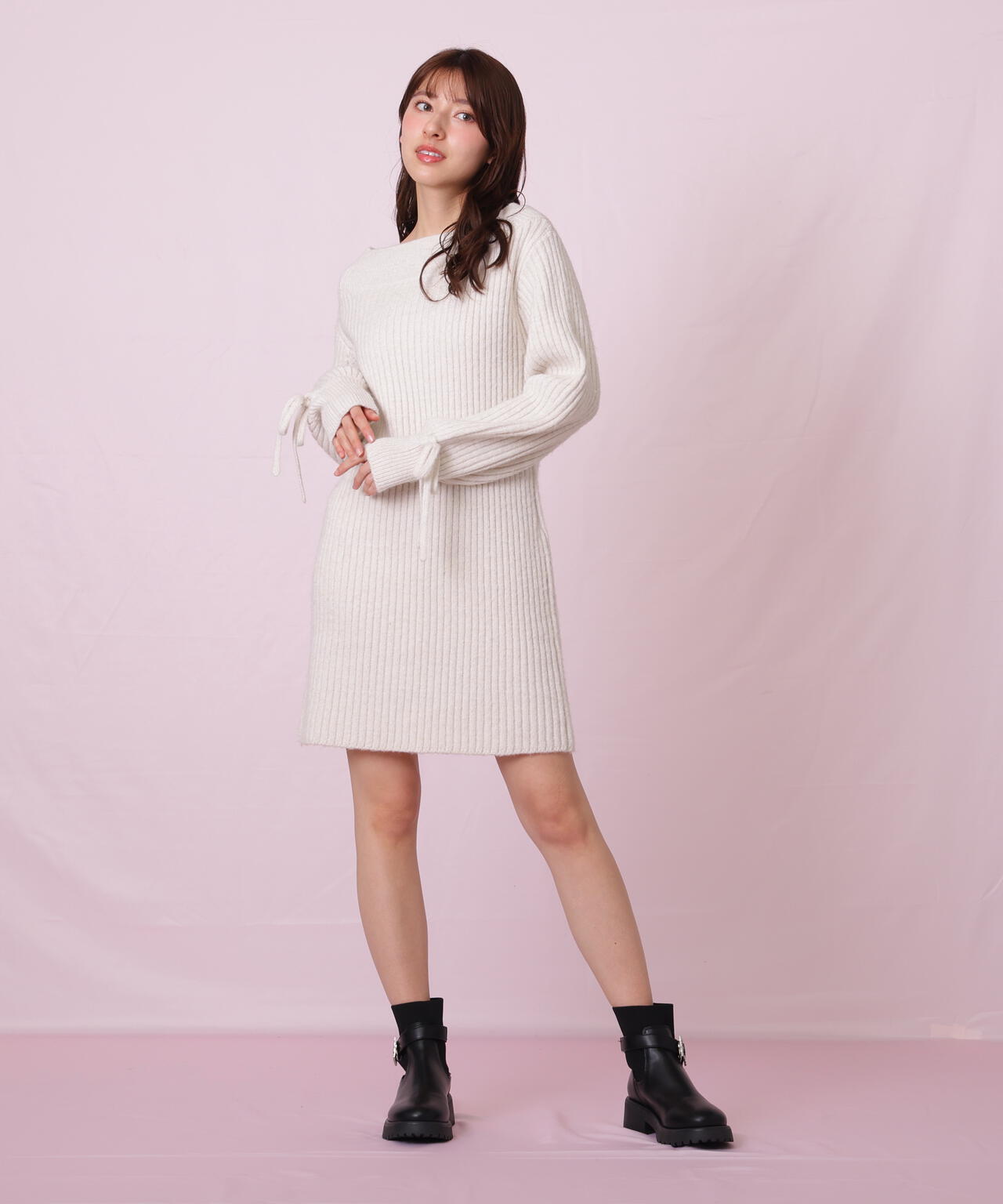 袖リボンニットワンピース
