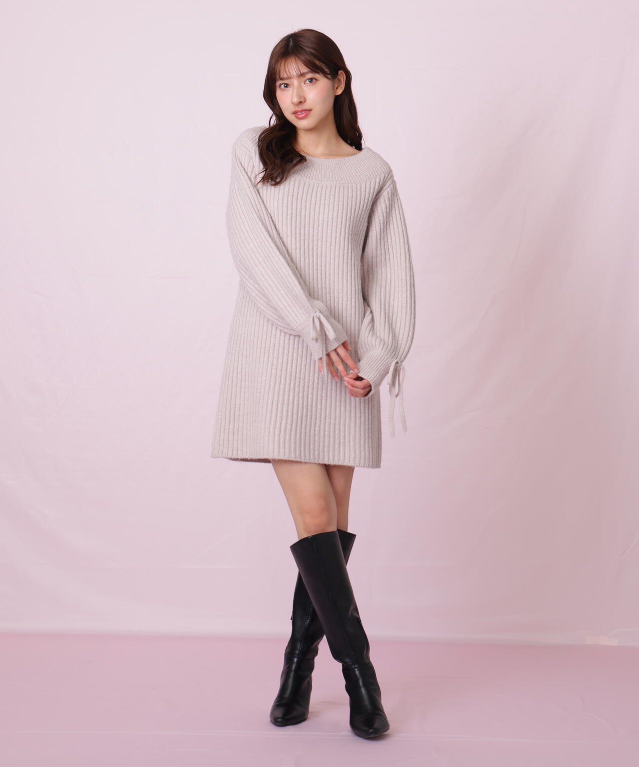 袖リボンニットワンピース