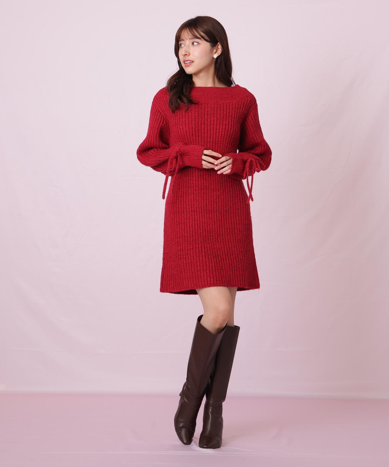 袖リボンニットワンピース