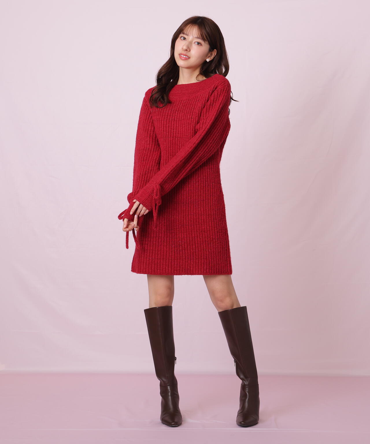 袖リボンニットワンピース