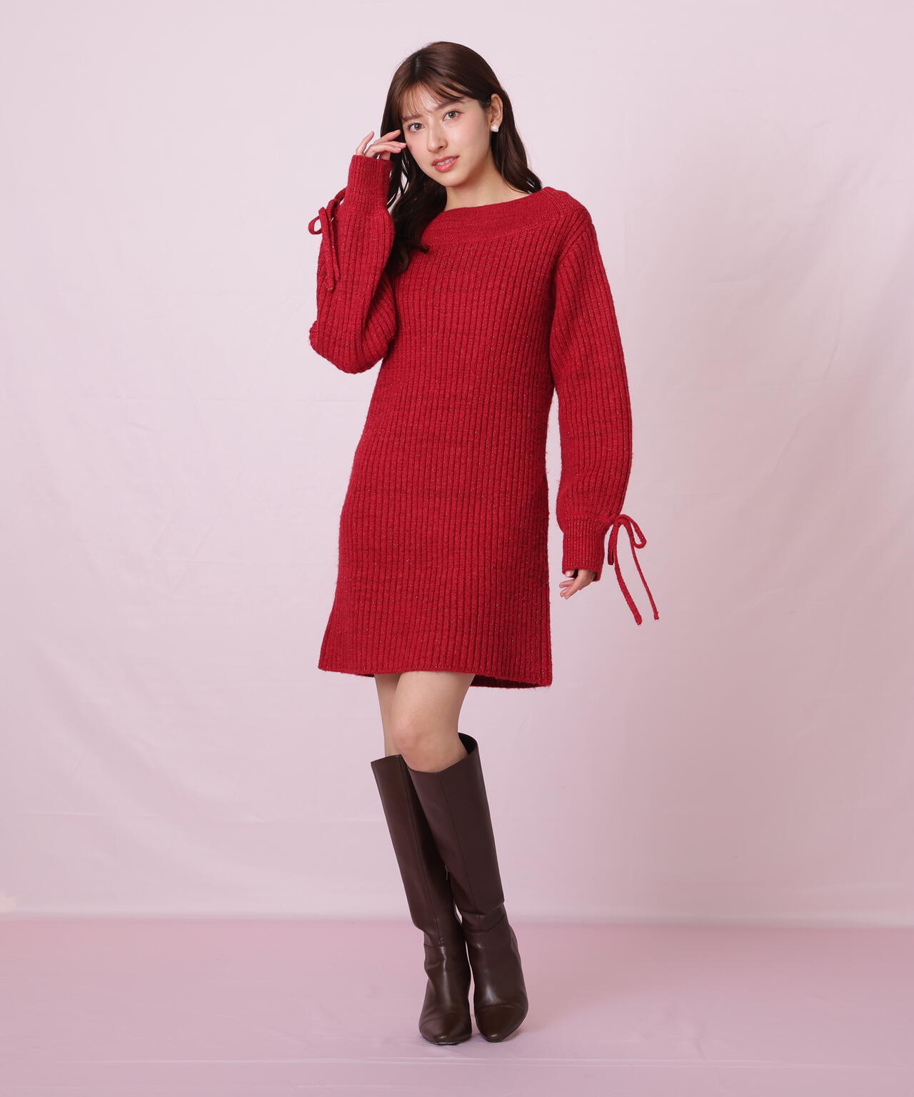 袖リボンニットワンピース