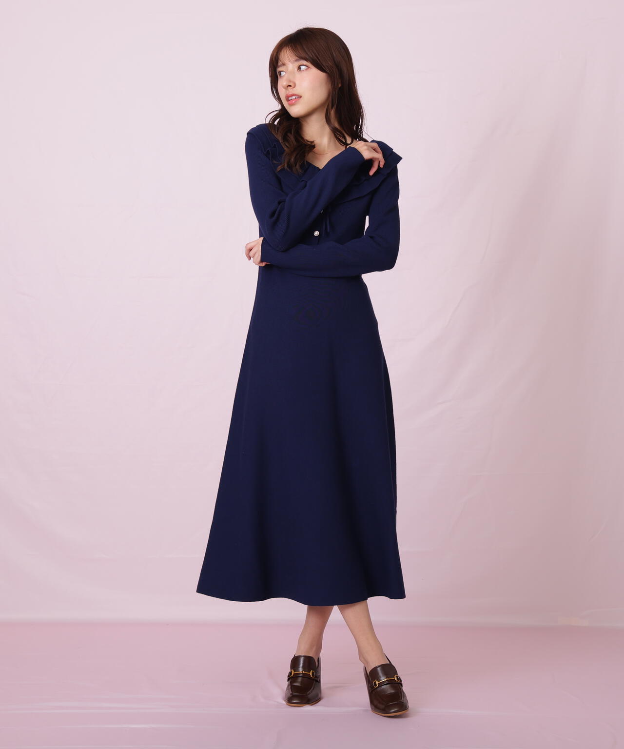 美品 J&M Davidson ネイビー 長袖ワンピース チビ襟 バイカラー M 美品 J&M Davidson ネイビー 長袖ワンピース チビ襟 バイカラー M