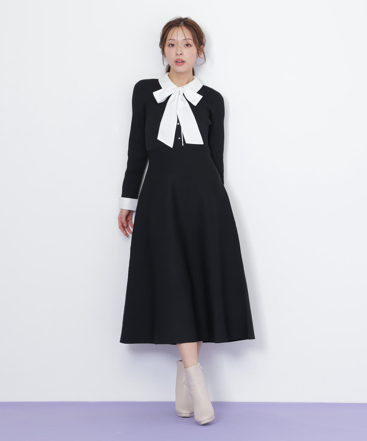 シャツ襟ドッキングニットワンピース