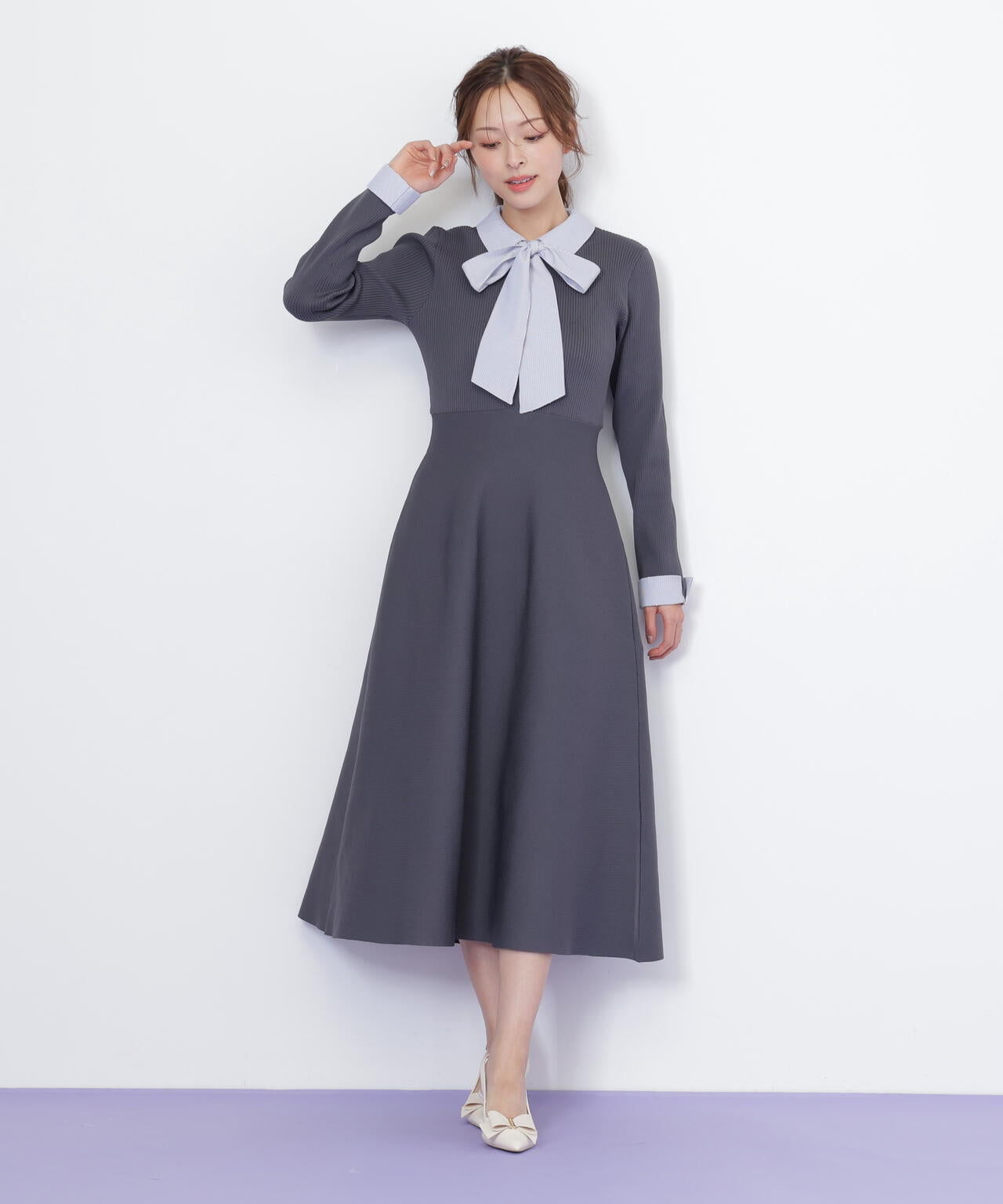 シャツ襟ドッキングニットワンピース