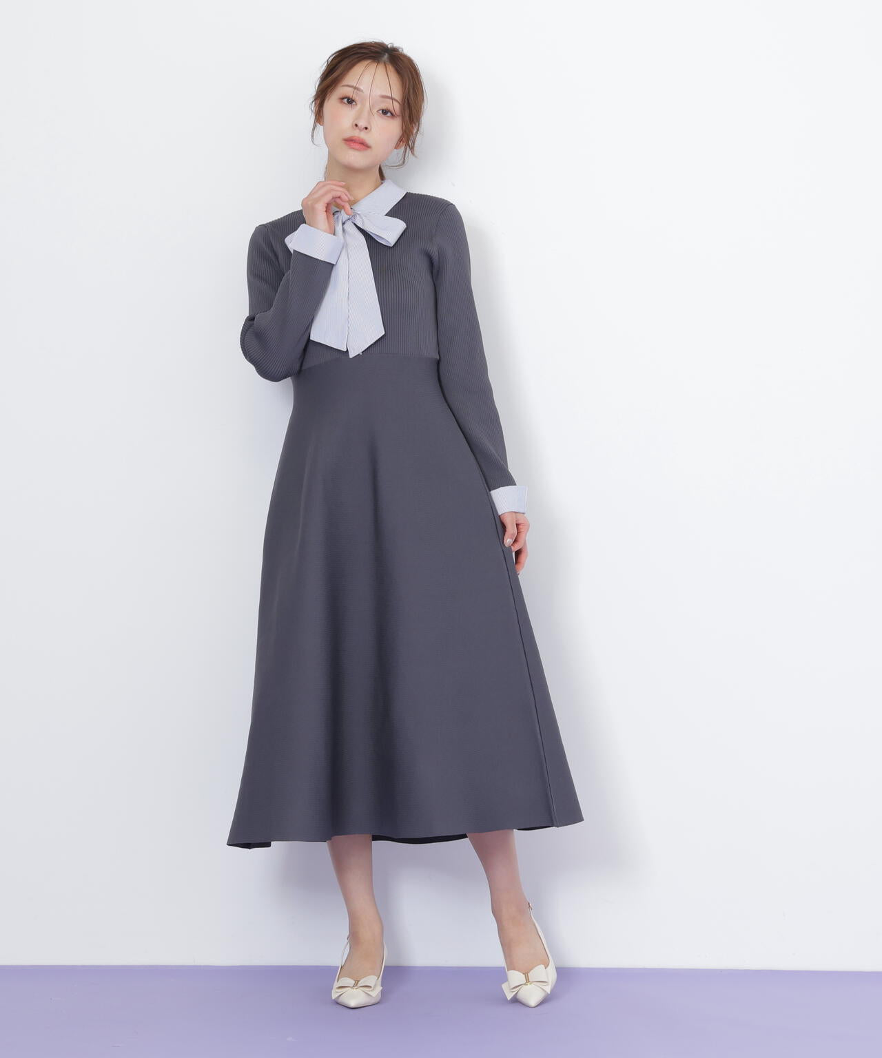 シャツ襟ドッキングニットワンピース