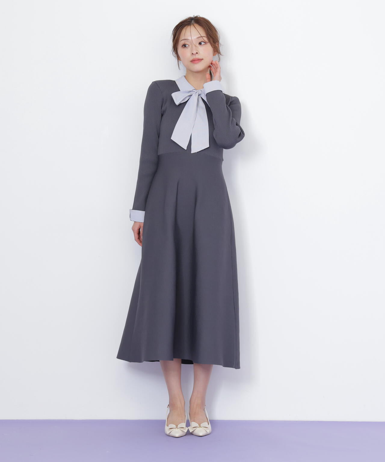 シャツ襟ドッキングニットワンピース