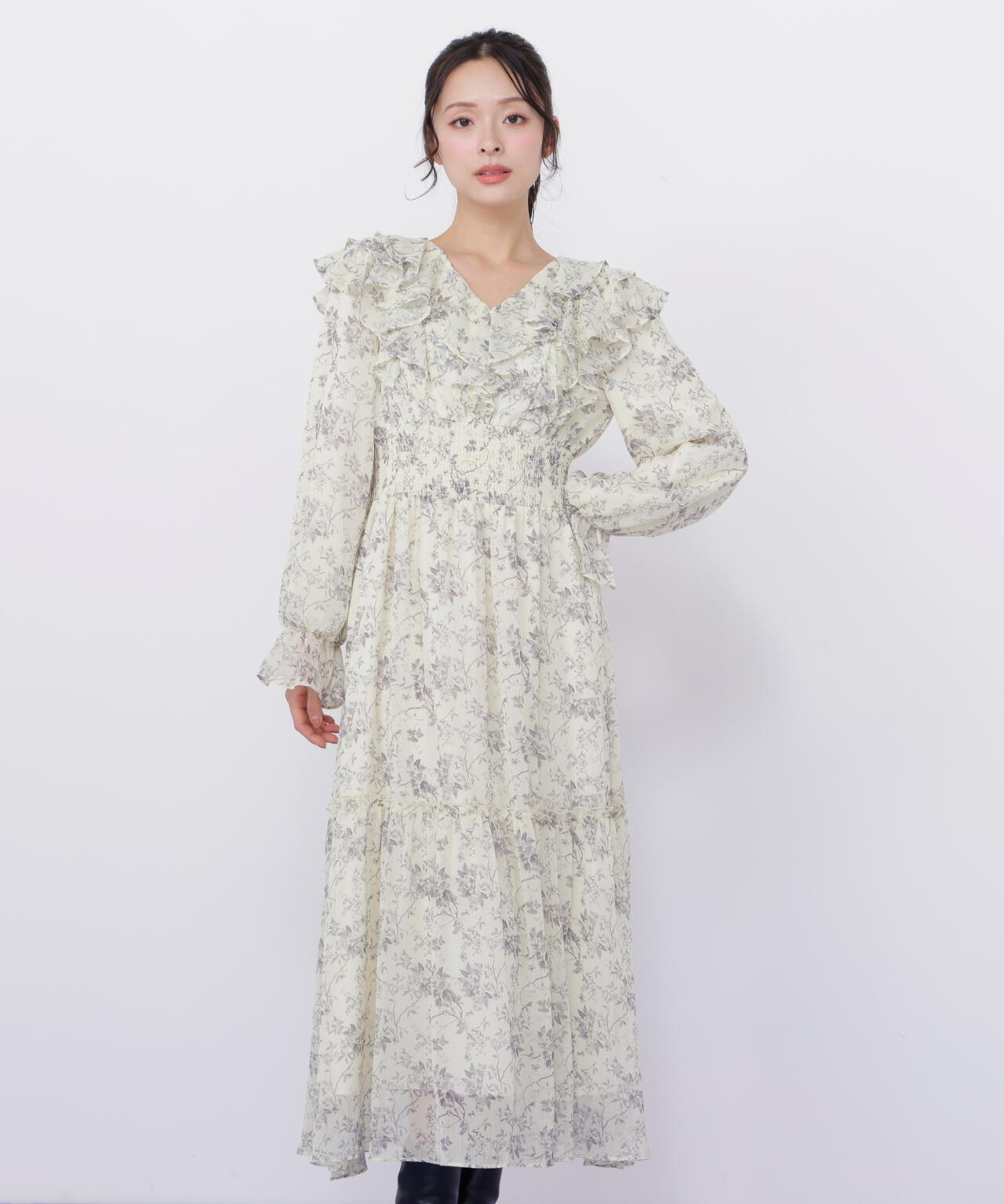 花柄ボリュームフリルワンピース