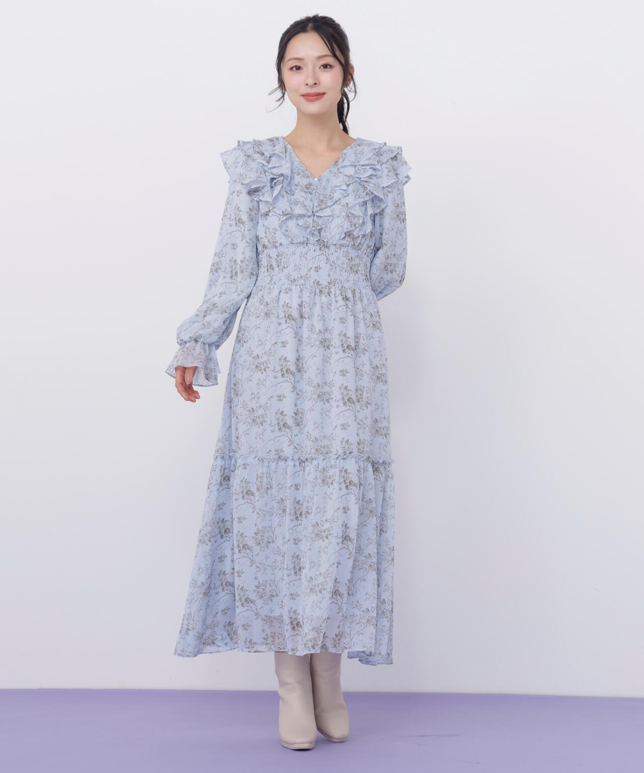 花柄ボリュームフリルワンピース