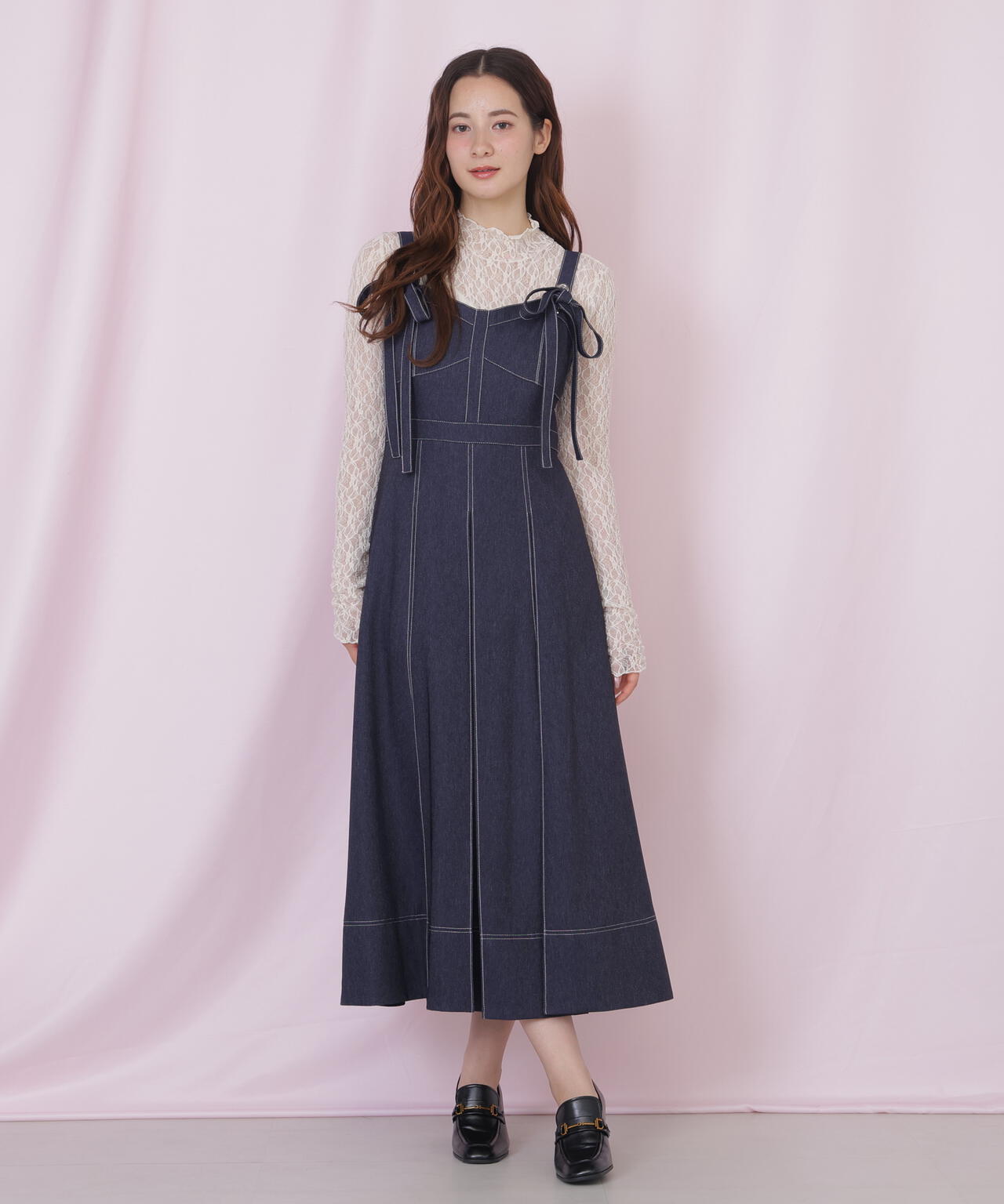 デニムライク配色ステッチビスチェジャンスカ