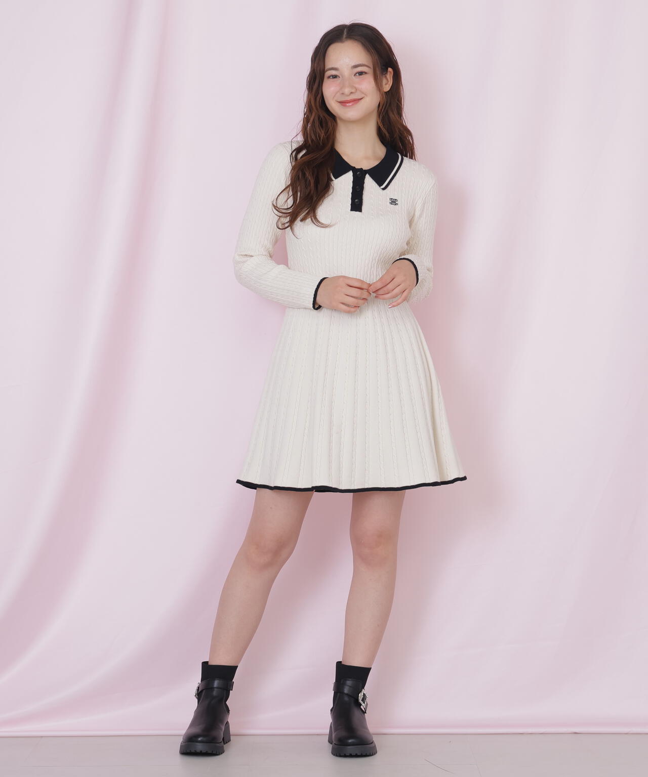 ポロ襟ケーブルミニワンピース