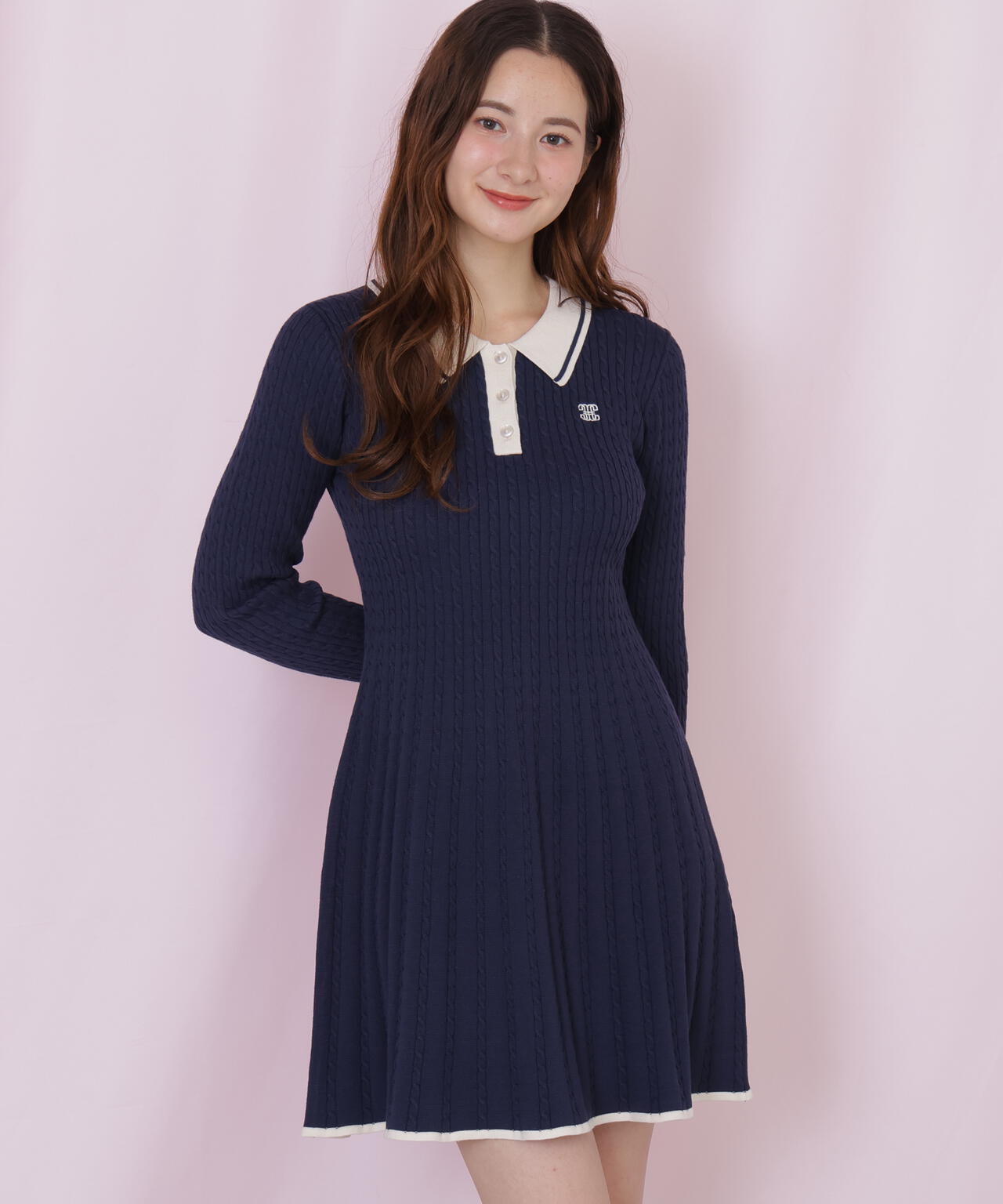 ポロ襟ケーブルミニワンピース