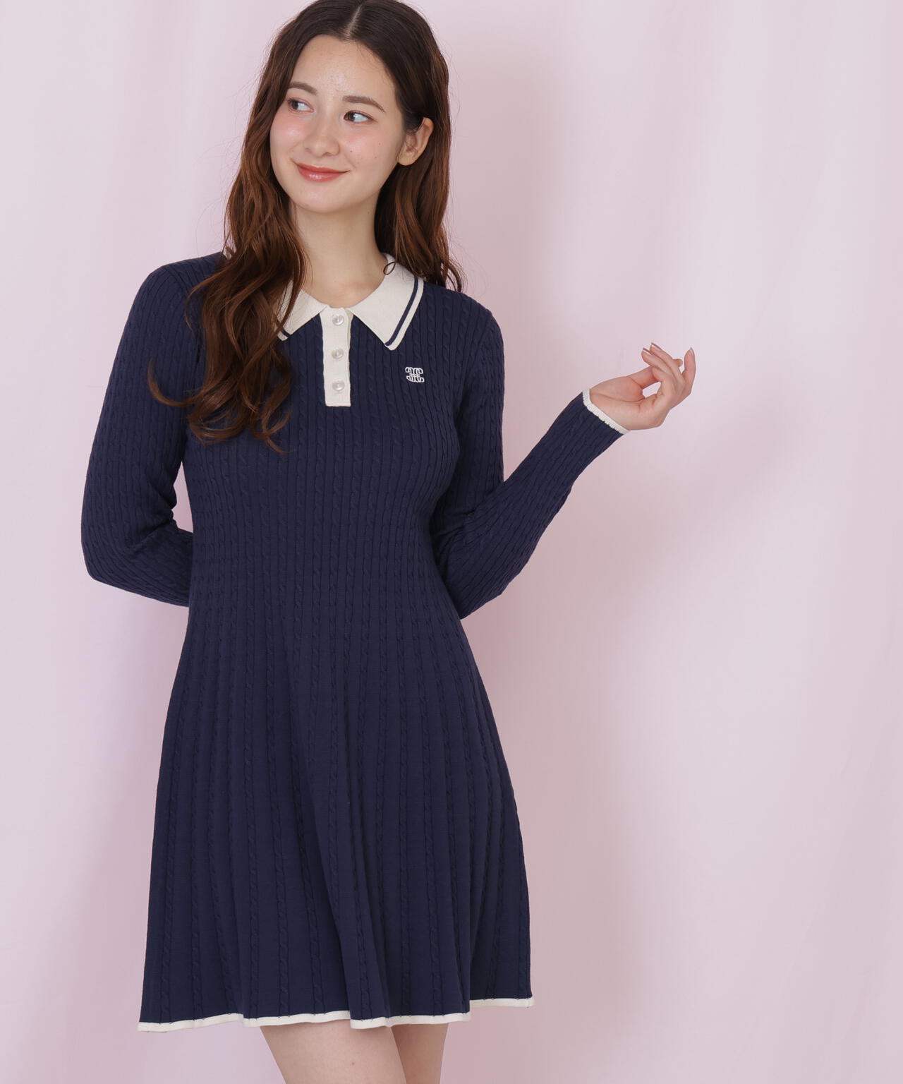 ポロ襟ケーブルミニワンピース