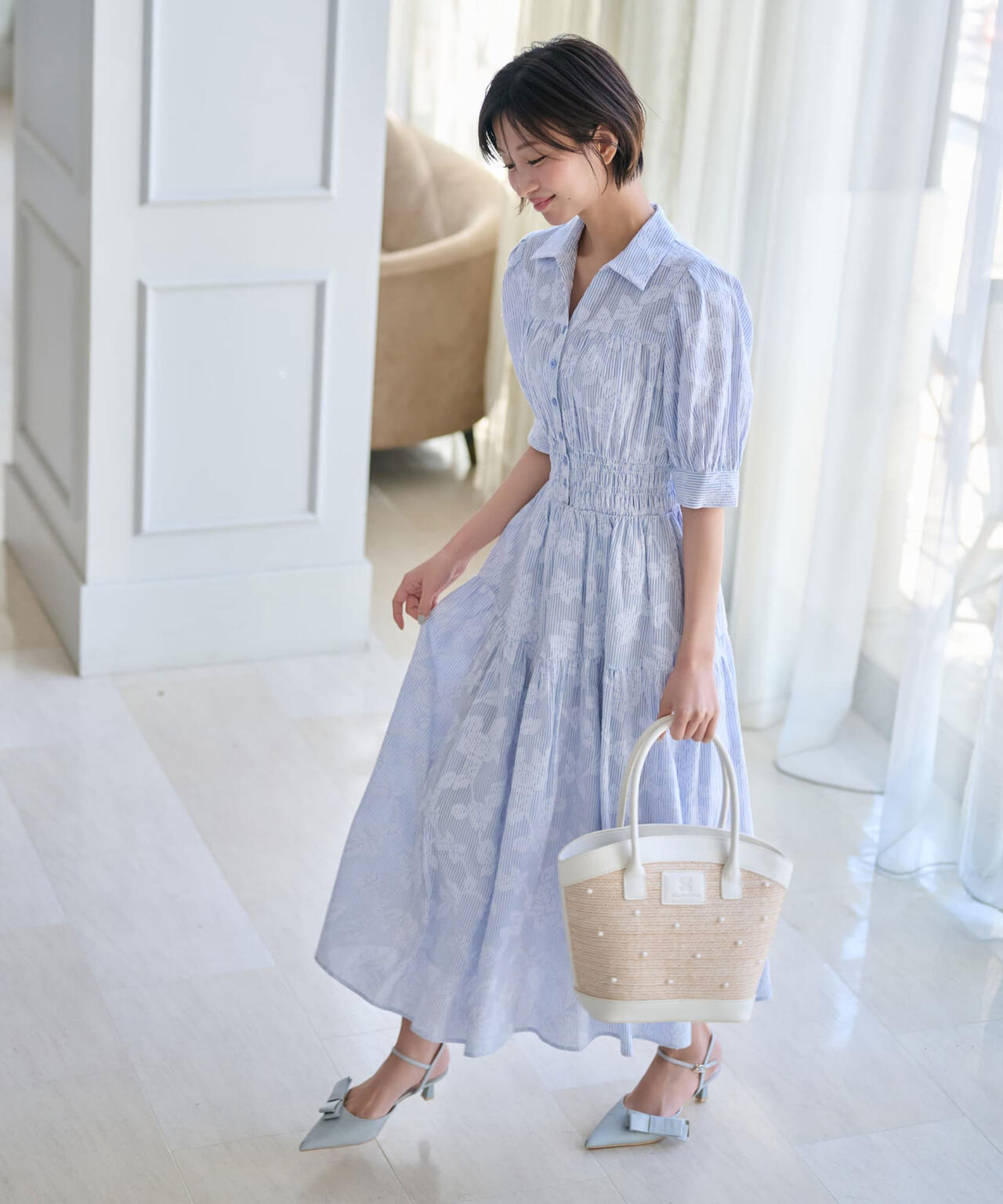【新商品】ブルー ストライプ ワンピース ナチュラルビューティーベーシック NATURAL BEAUTY BASIC ギャザー
