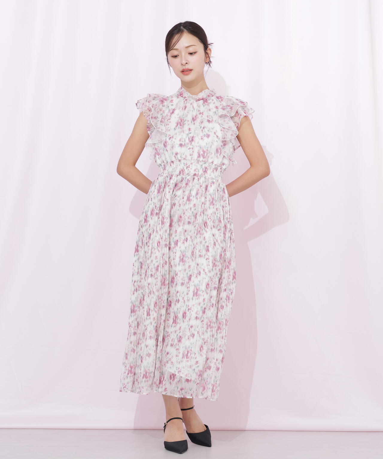 ぼかしフラワープリントワンピース