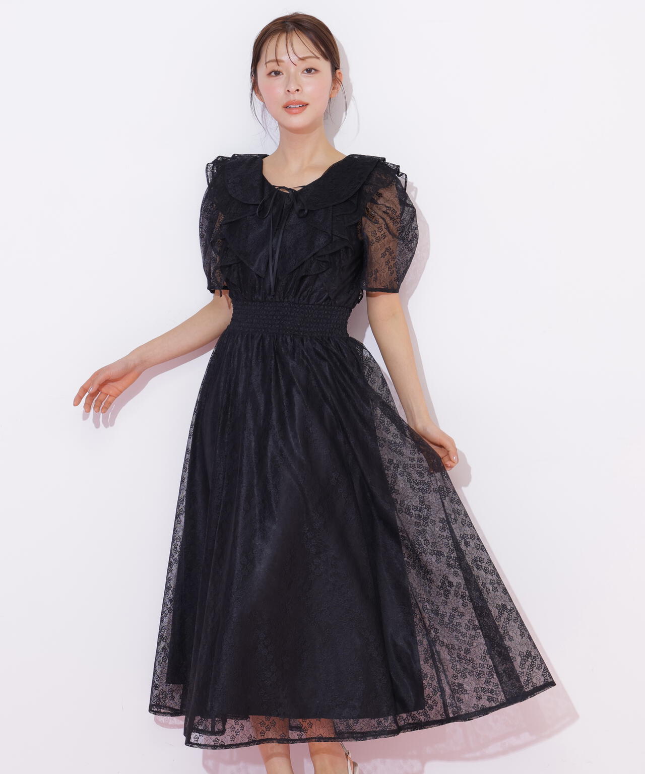 ジルチュ JILTUワンピース 襟フリル 膝丈 ブラック バイカラー 裏地ありS バリエーションフリルワンピース | JILL by JILL STUART（ジル バイ