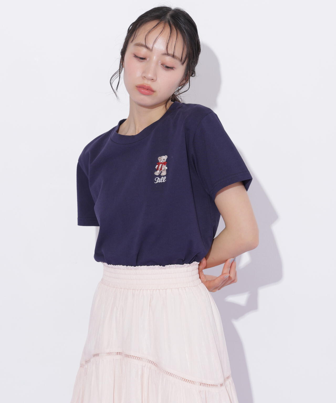 Jill★くすみレッド ネイビーシャビー L字デザイン BEARシリーズ＞刺繍Tシャツオーガニックコットン | JILL by JILL