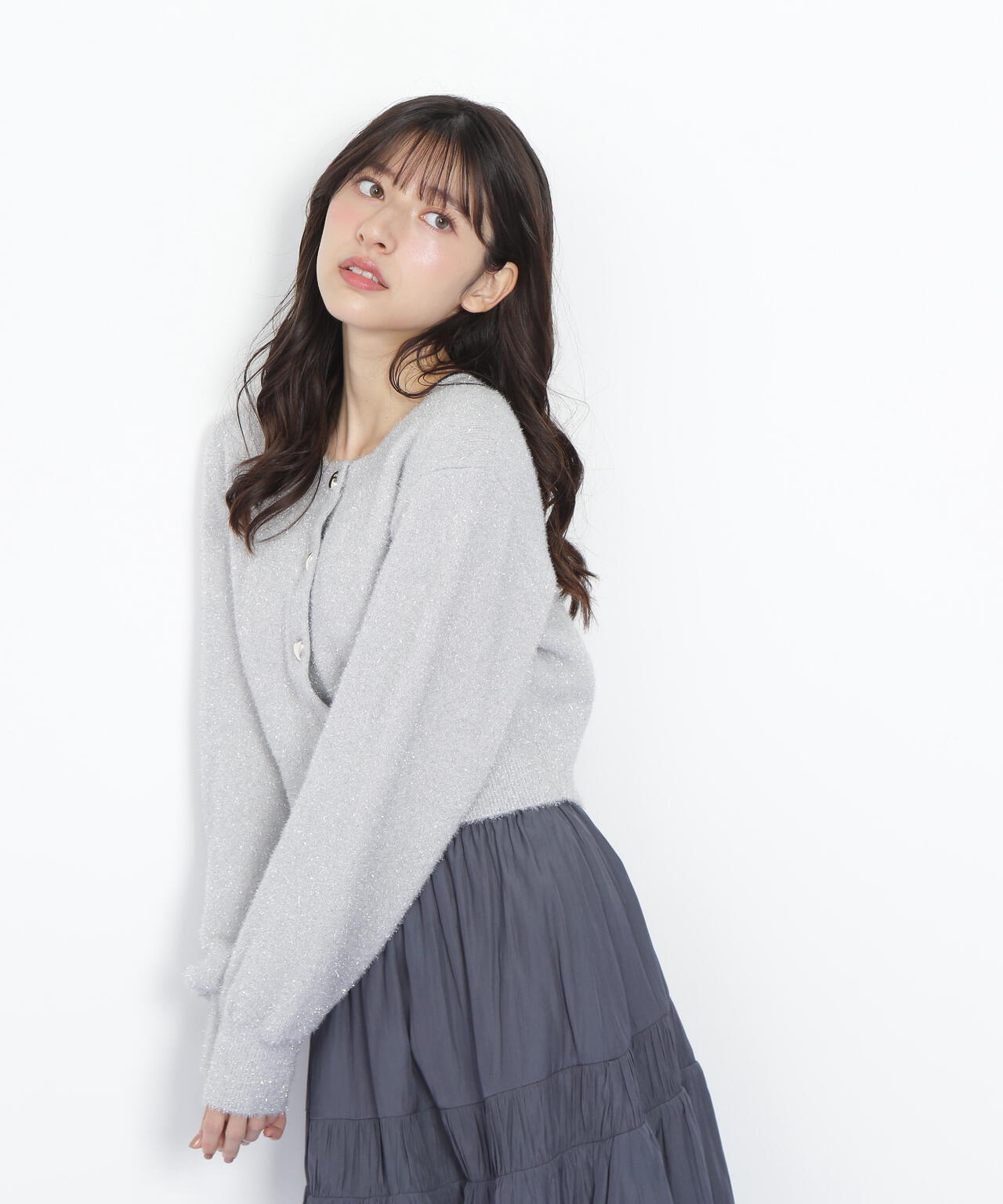 ハートボタンラメフェザーカーディガン