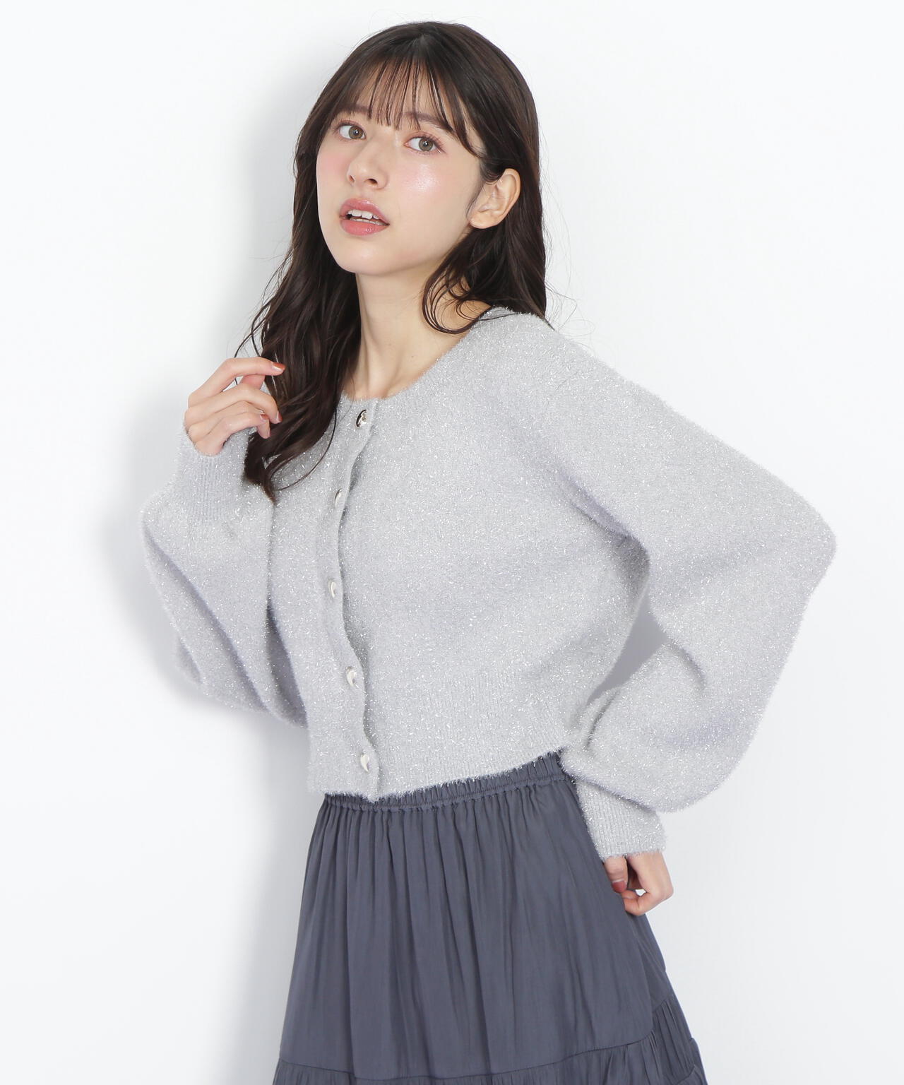 ハートボタンラメフェザーカーディガン