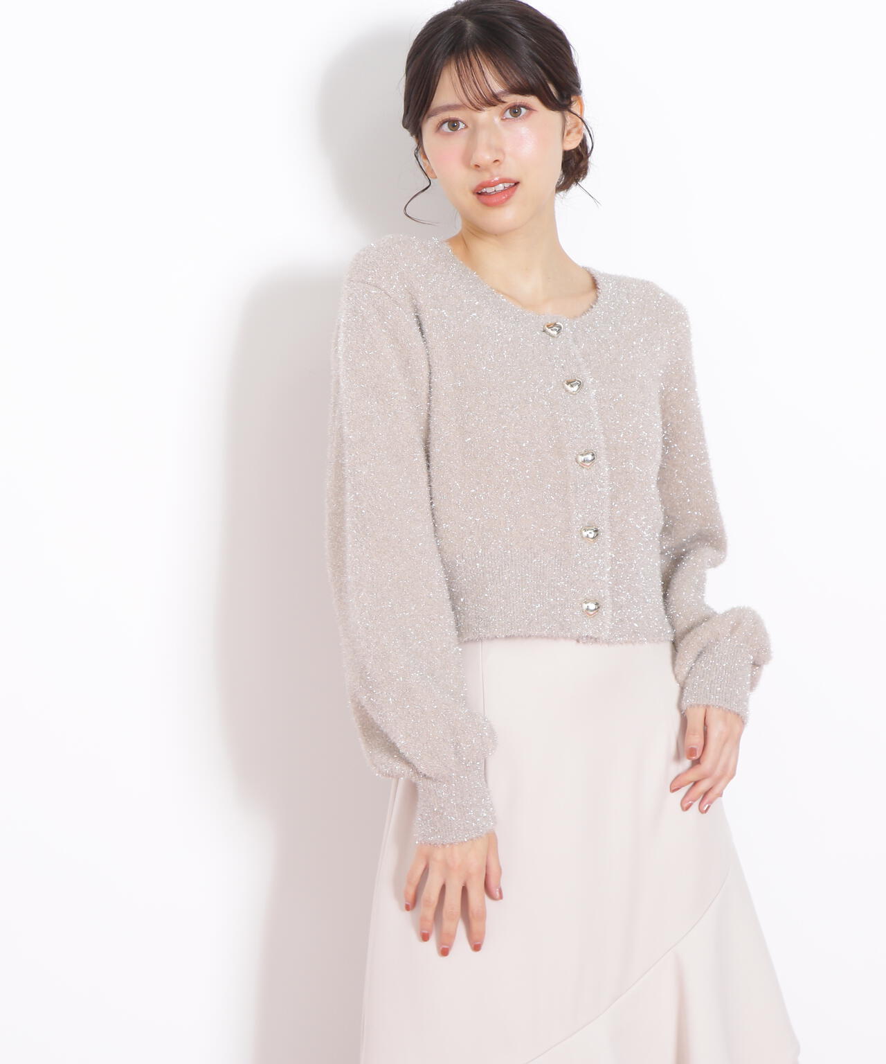 ハートボタンラメフェザーカーディガン