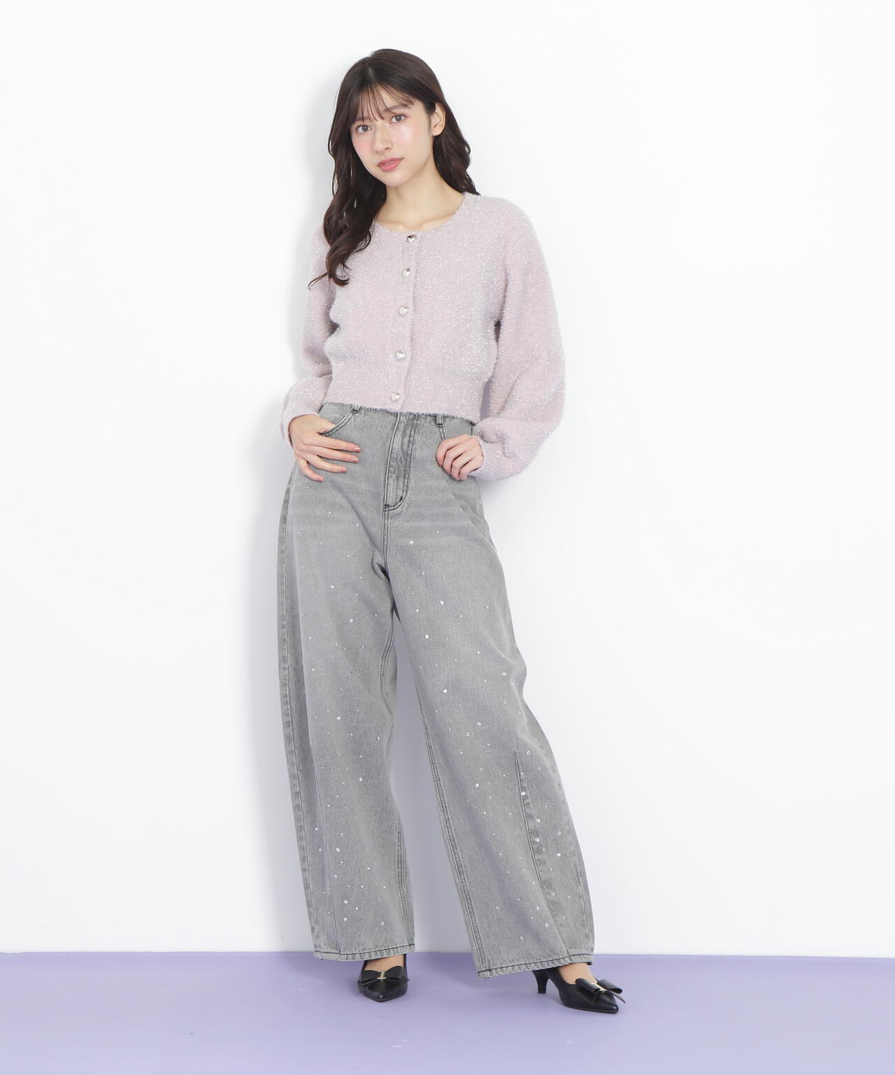 ハートボタンラメフェザーカーディガン