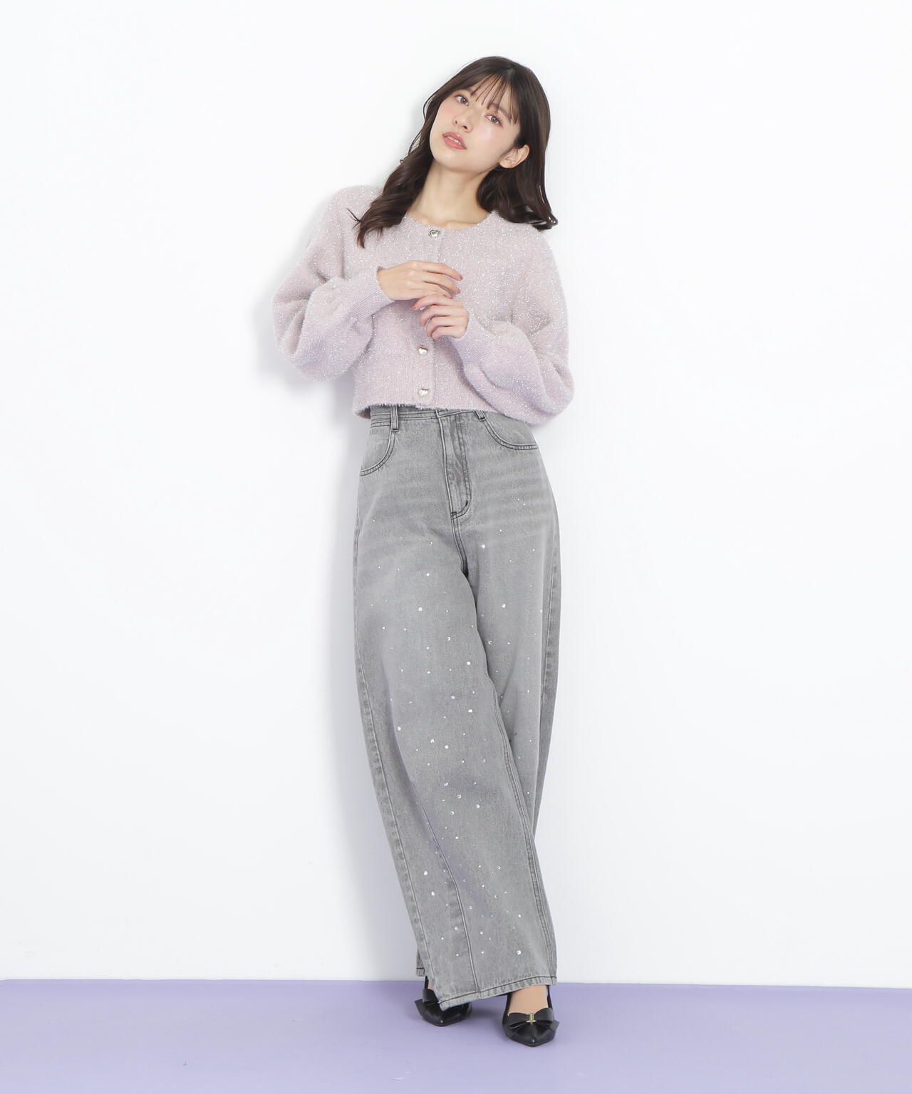 ハートボタンラメフェザーカーディガン