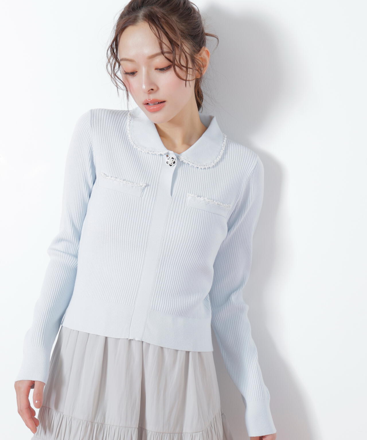 【本日限定値下未使用】『HERMES』シルクニットスリムタイ　シルバーグレー パールブレードエリツキニット | JILL by JILL STUART（ジル バイ ジル