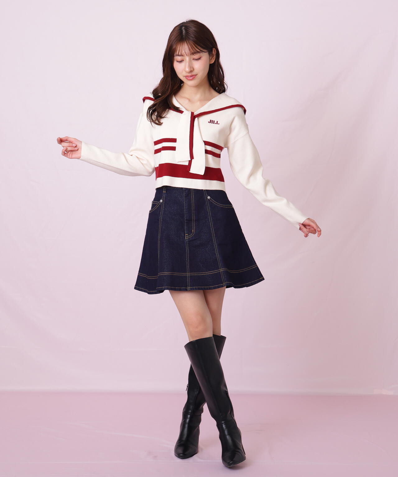 Jill★くすみレッド ネイビーシャビー L字デザイン JILL by JILL STUART（ジルバイジルスチュアート） ワンピース デニム