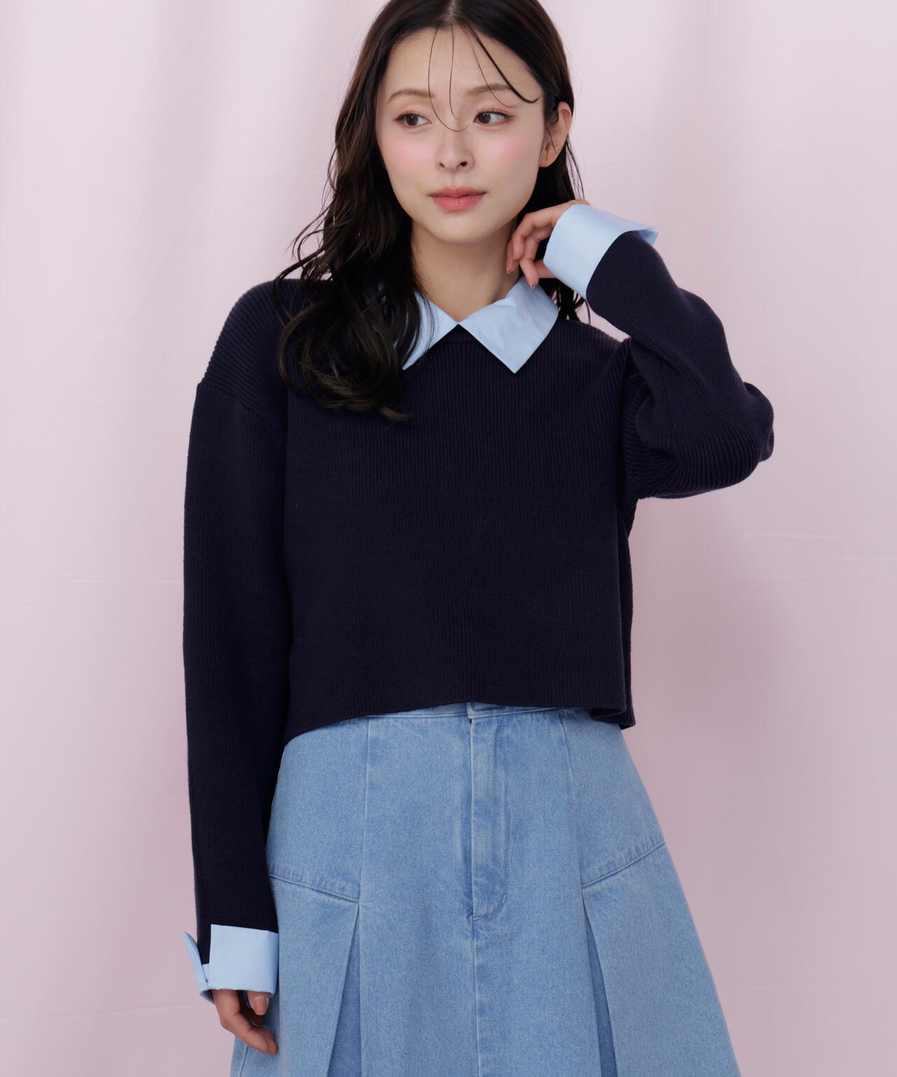 衿付きクロップドゆるニット