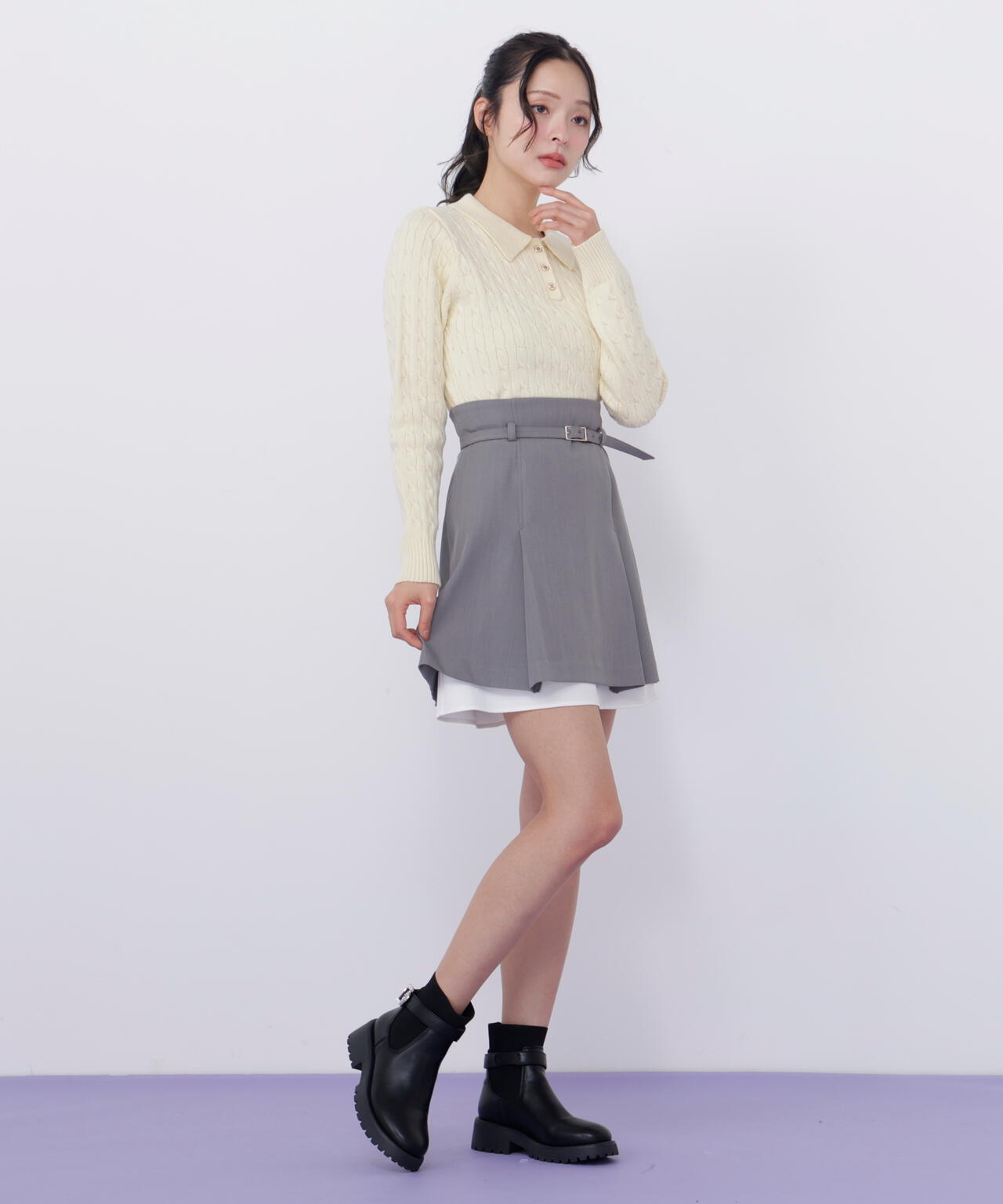 ポロ衿コットンブレンドケーブルニット