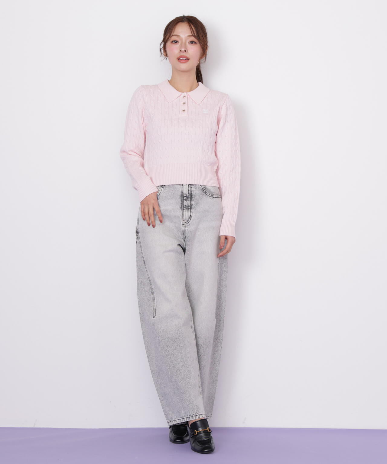 ポロ衿コットンブレンドケーブルニット