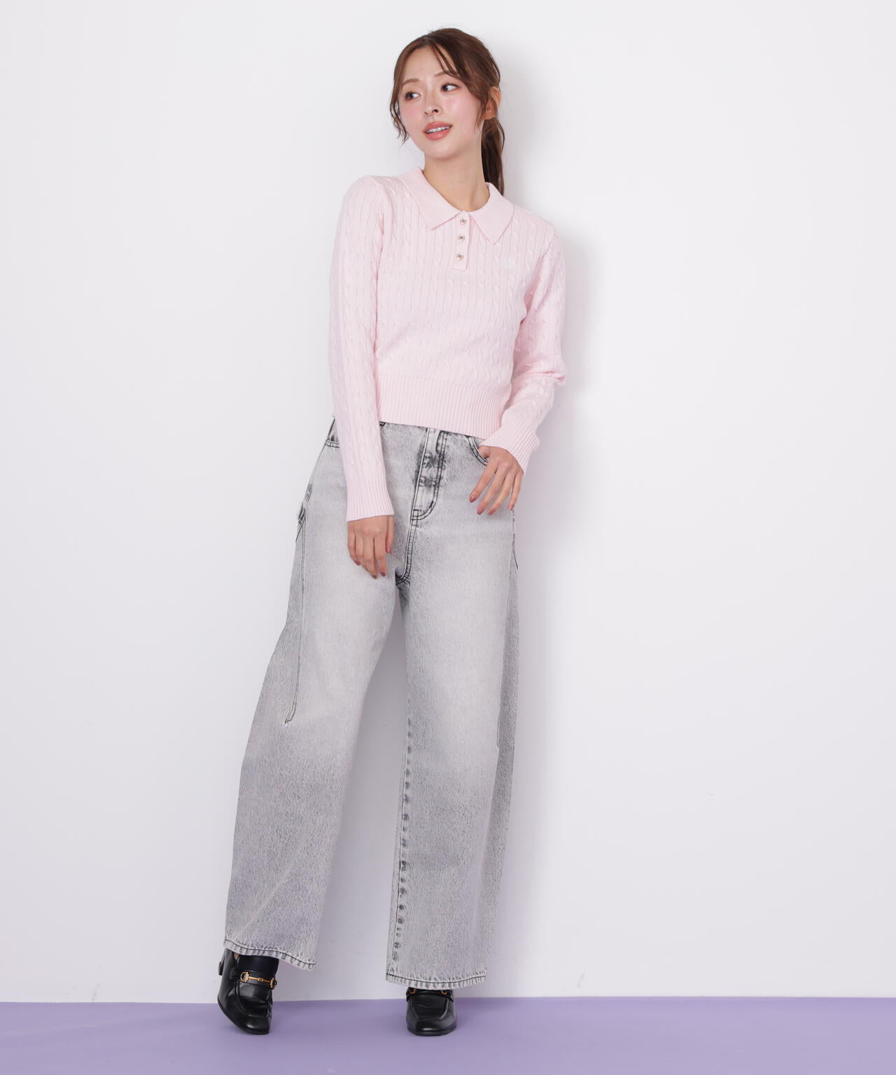 ポロ衿コットンブレンドケーブルニット