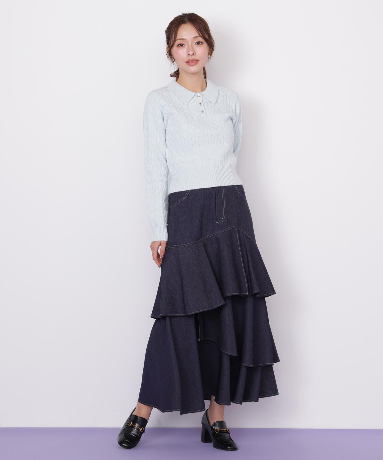 ポロ衿コットンブレンドケーブルニット