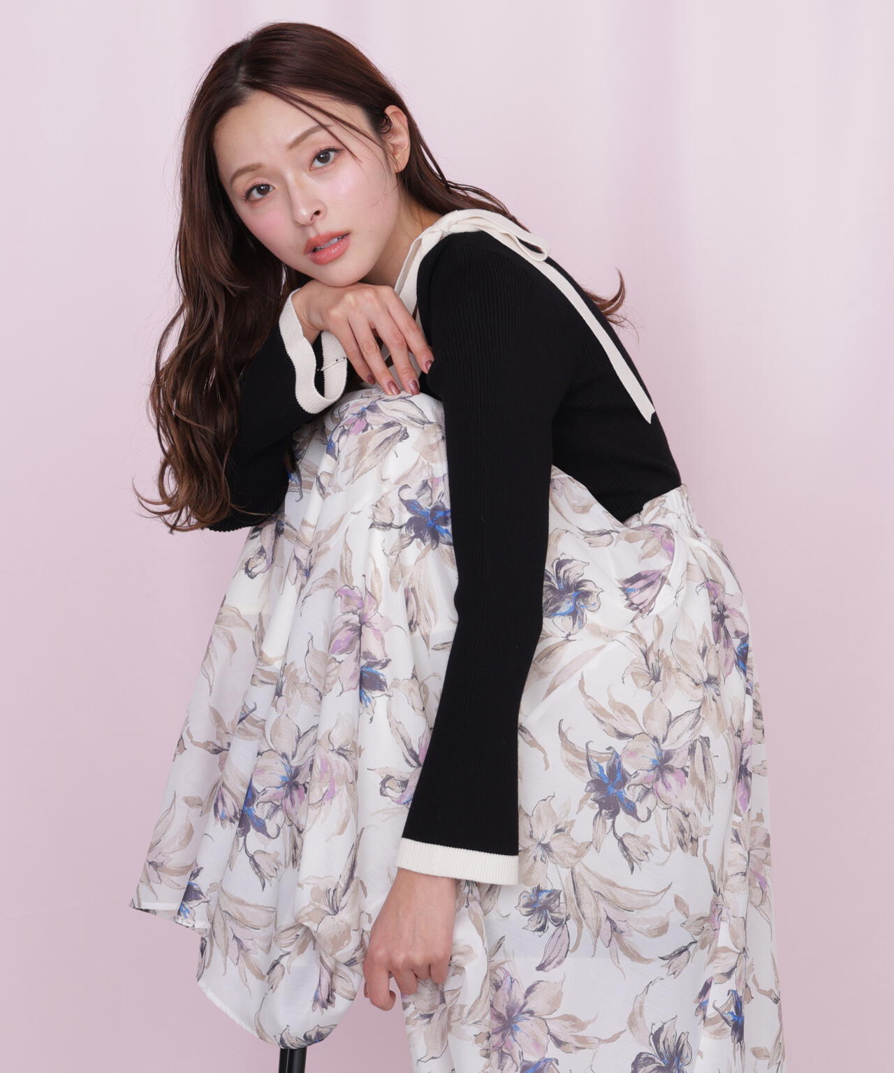 肩リボン配色ニット