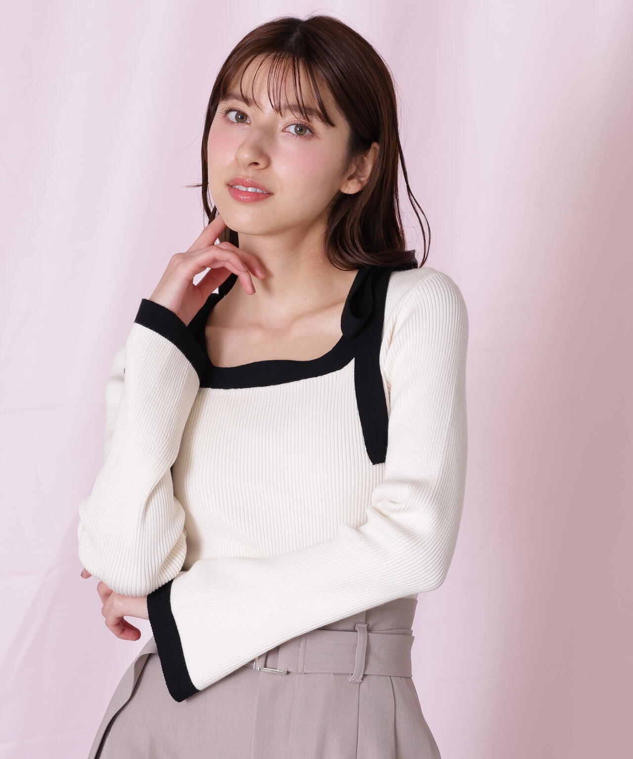 肩リボン配色ニット