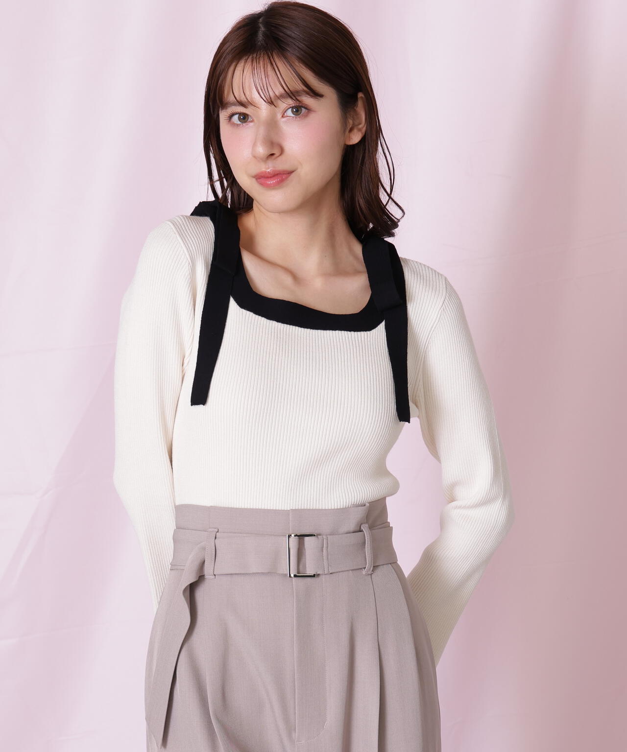 肩リボン配色ニット