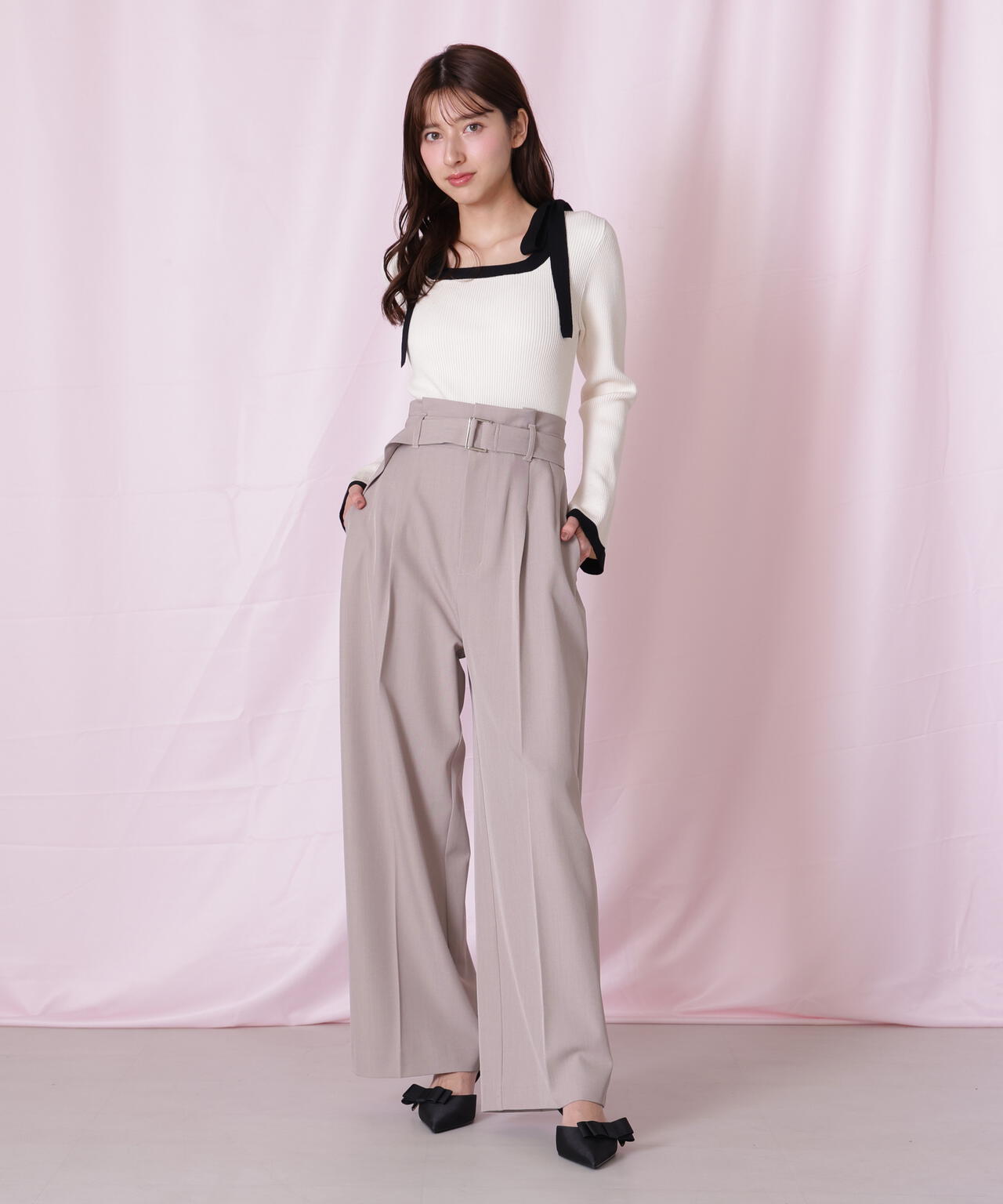 肩リボン配色ニット