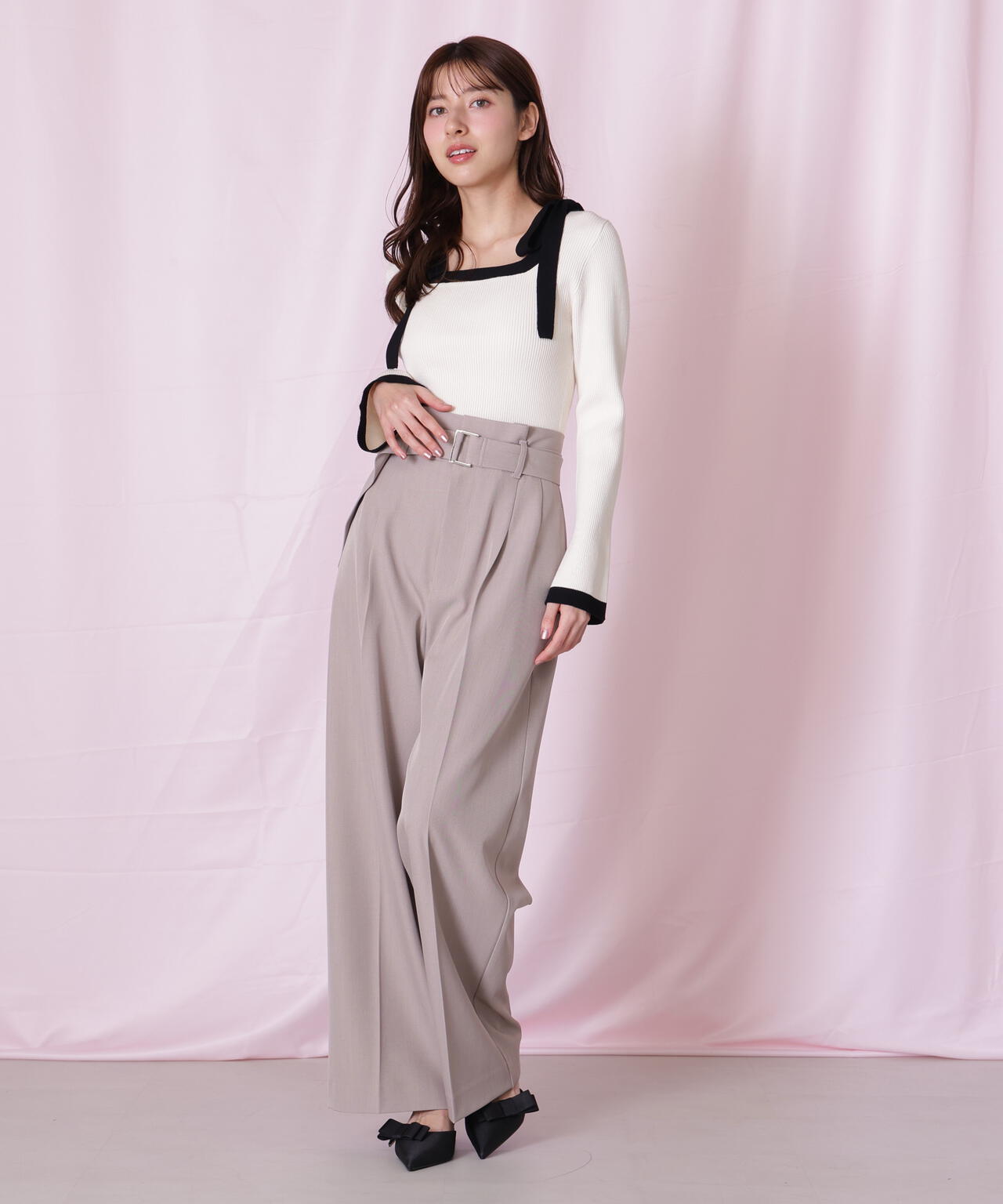 肩リボン配色ニット