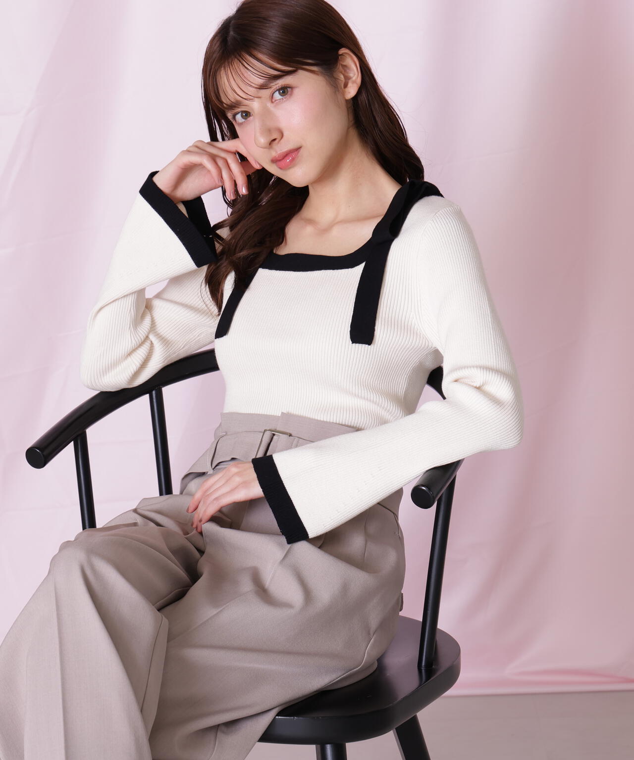 肩リボン配色ニット