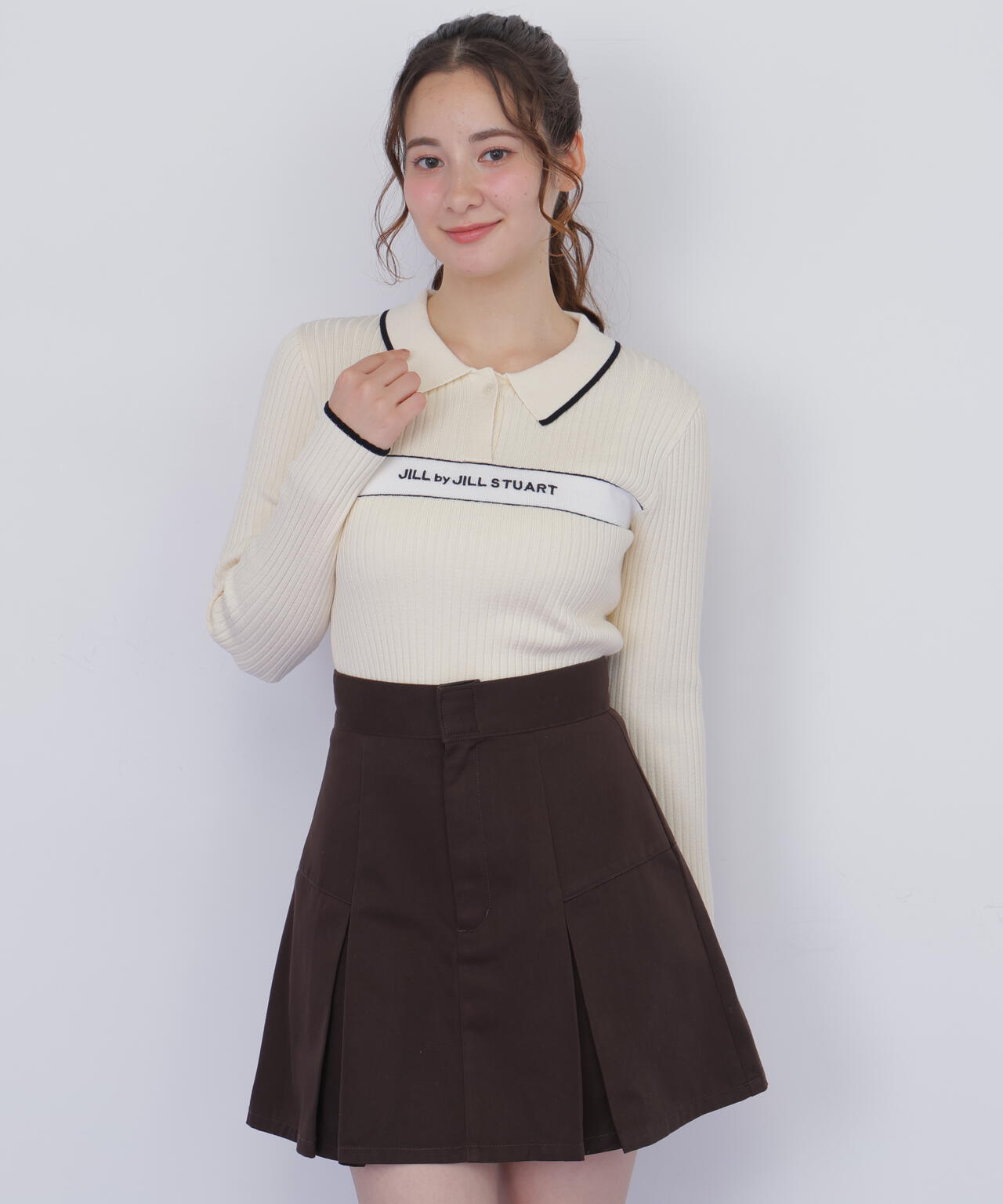 ポロ襟配色ラインリブニット