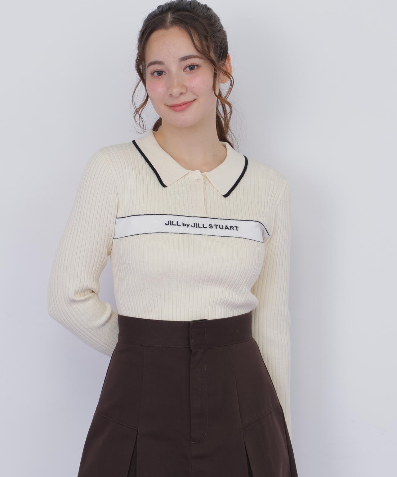 ポロ襟配色ラインリブニット