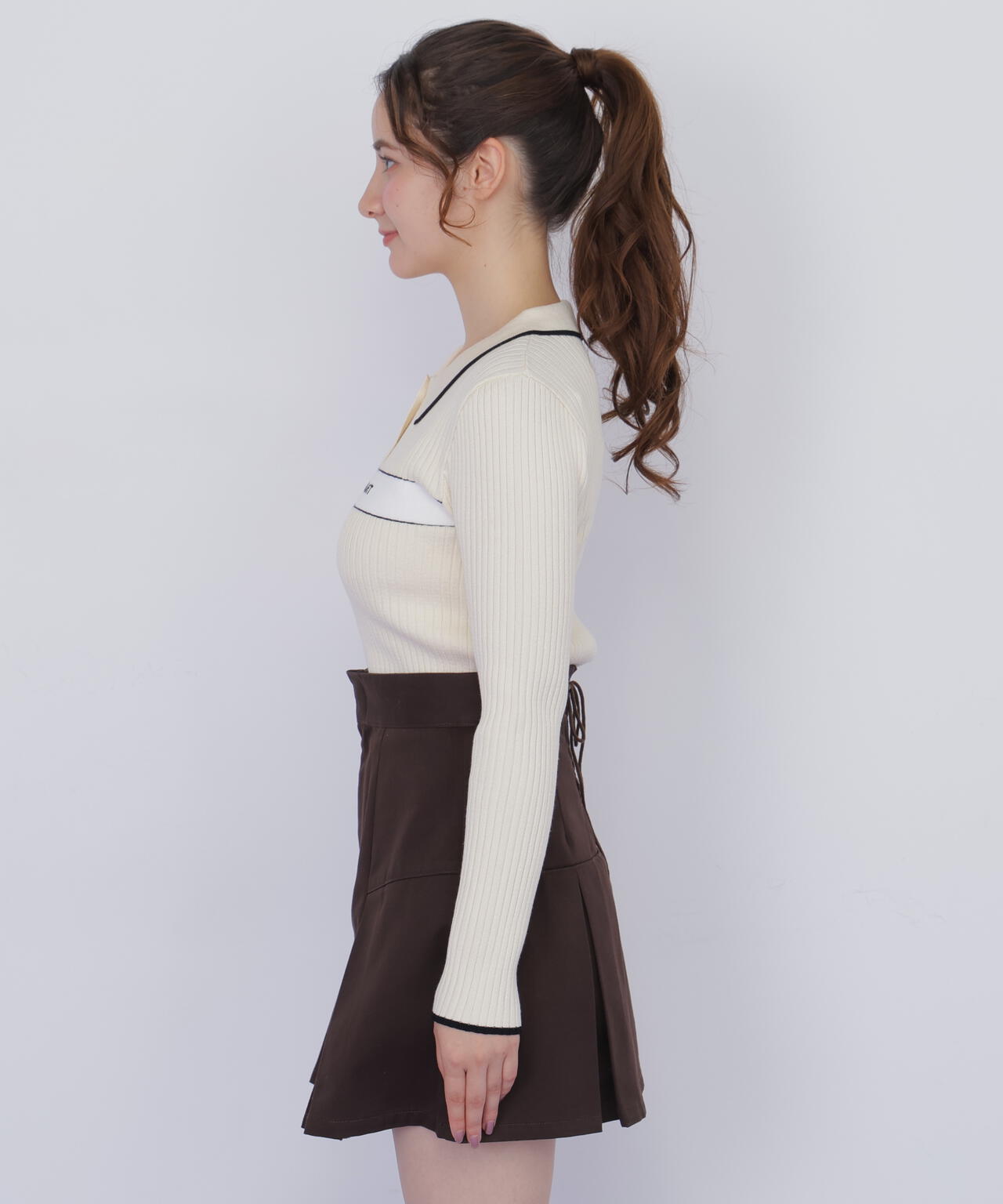 ポロ襟配色ラインリブニット