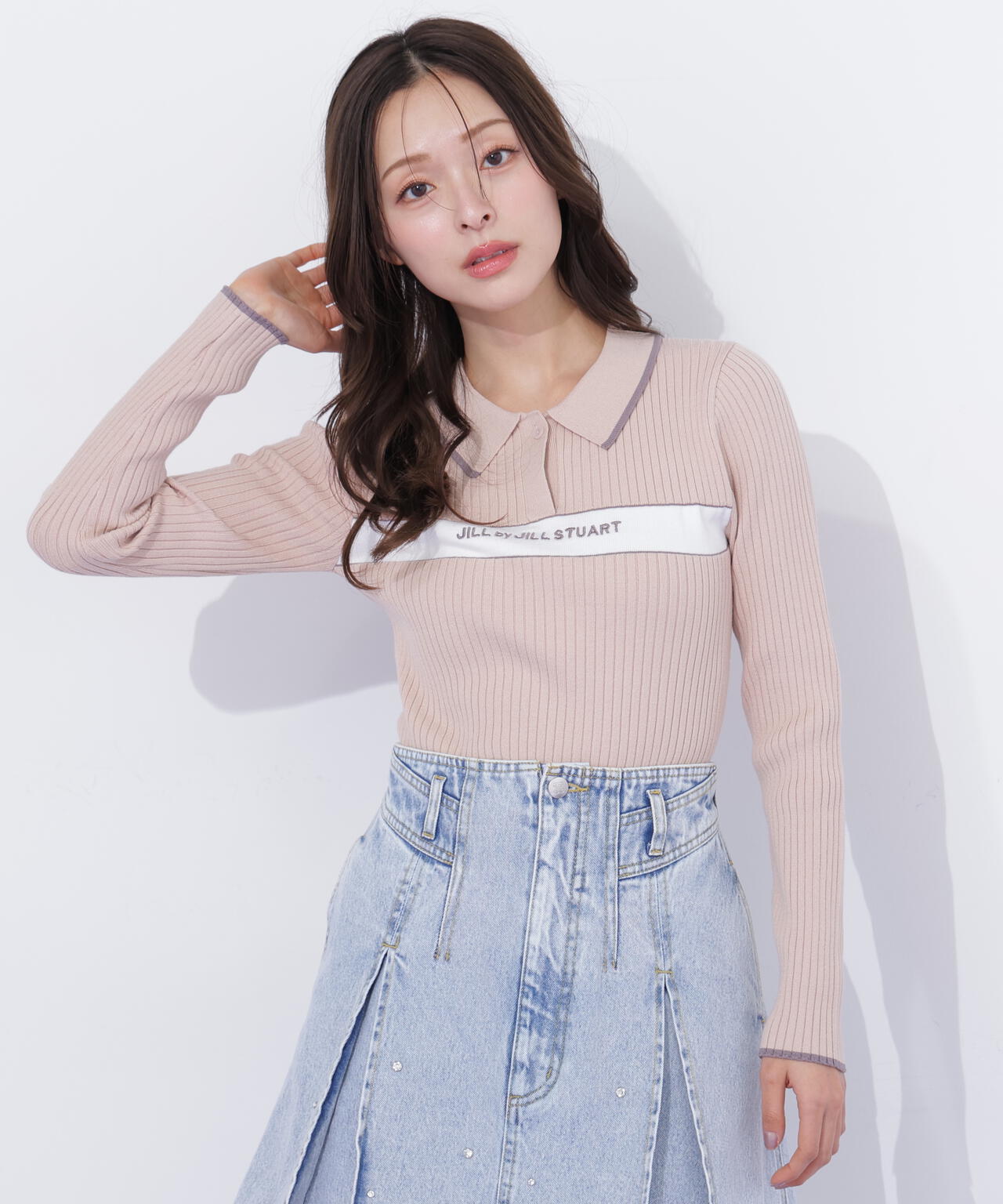 ポロ襟配色ラインリブニット