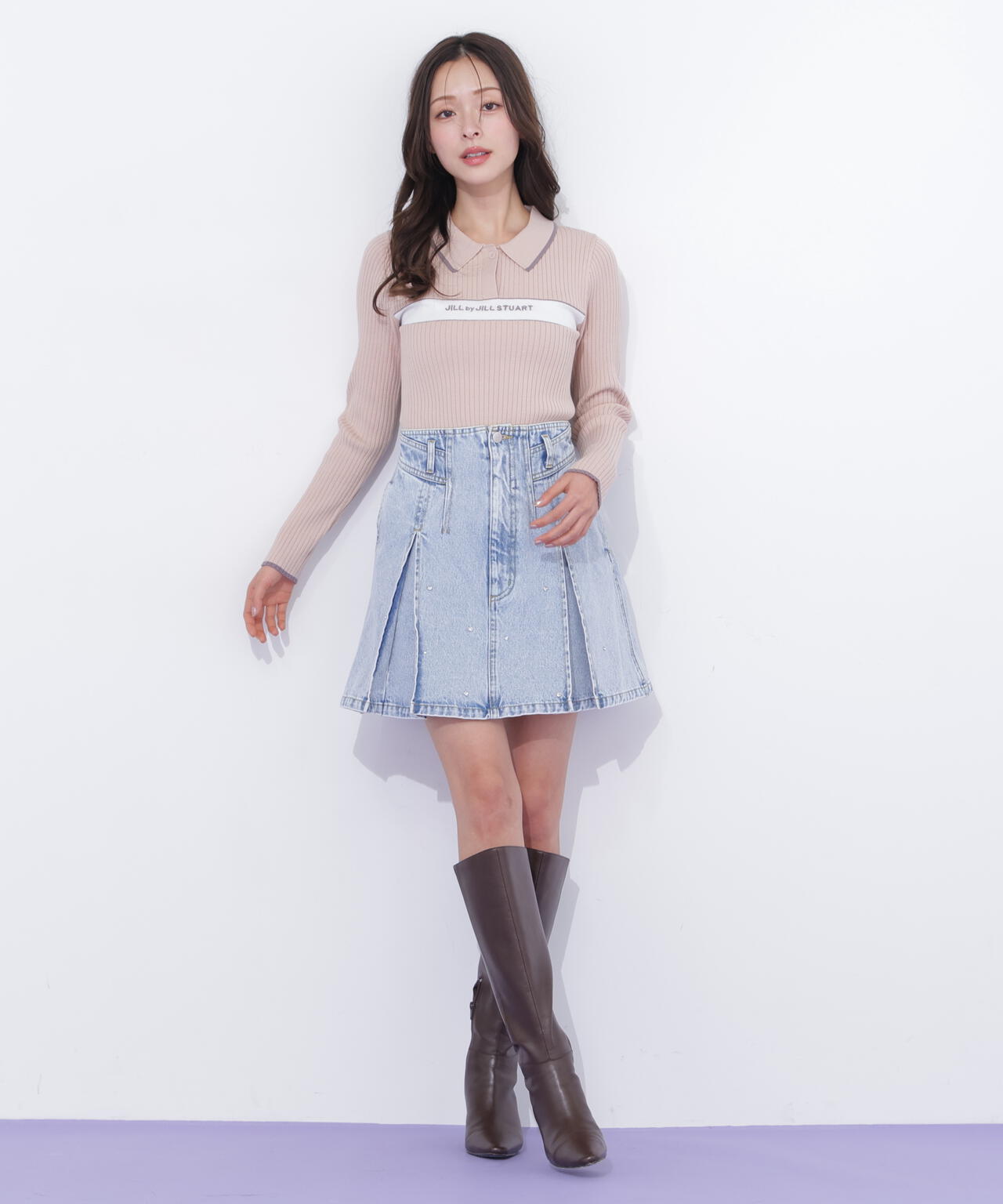 ポロ襟配色ラインリブニット