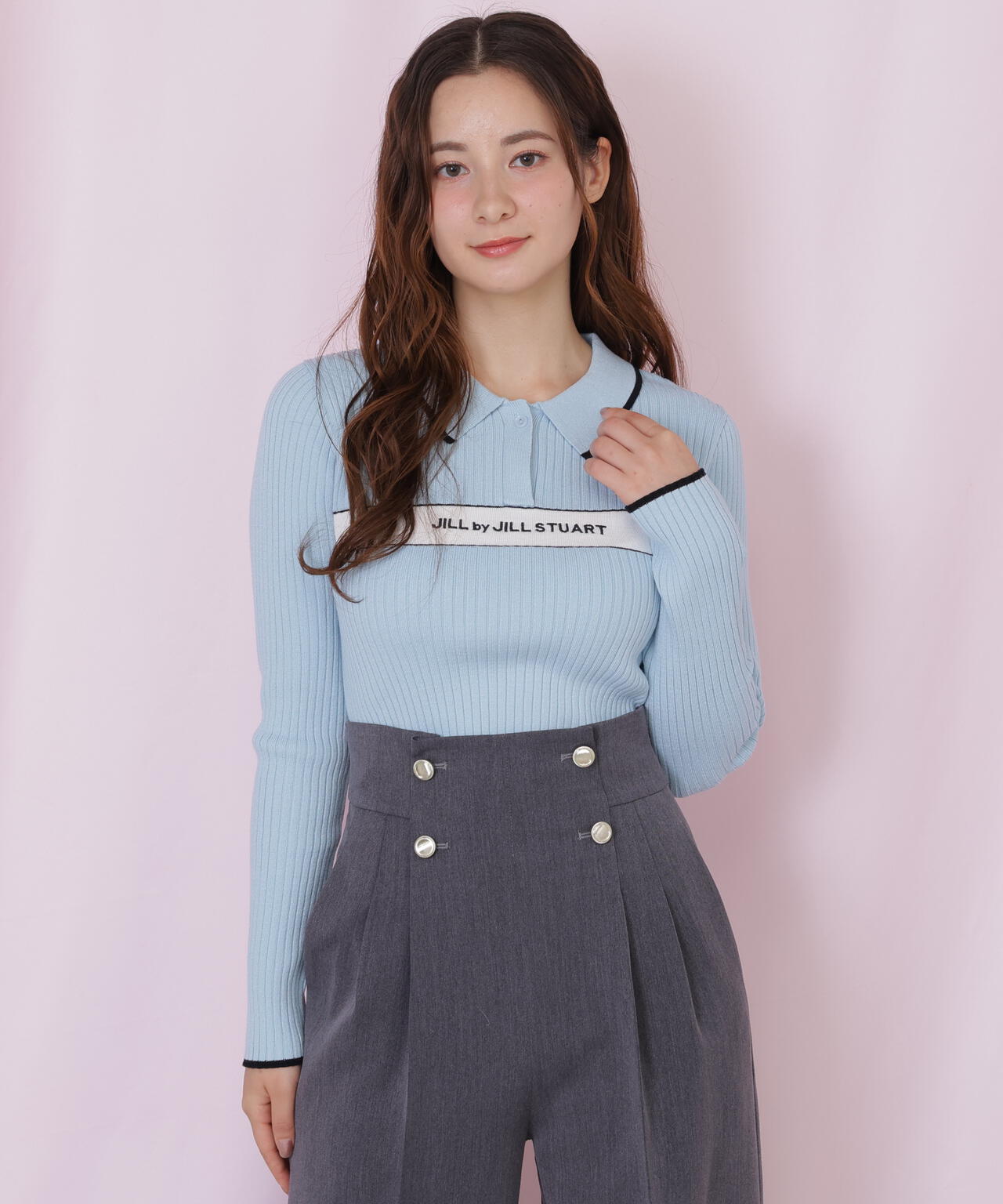 ポロ襟配色ラインリブニット