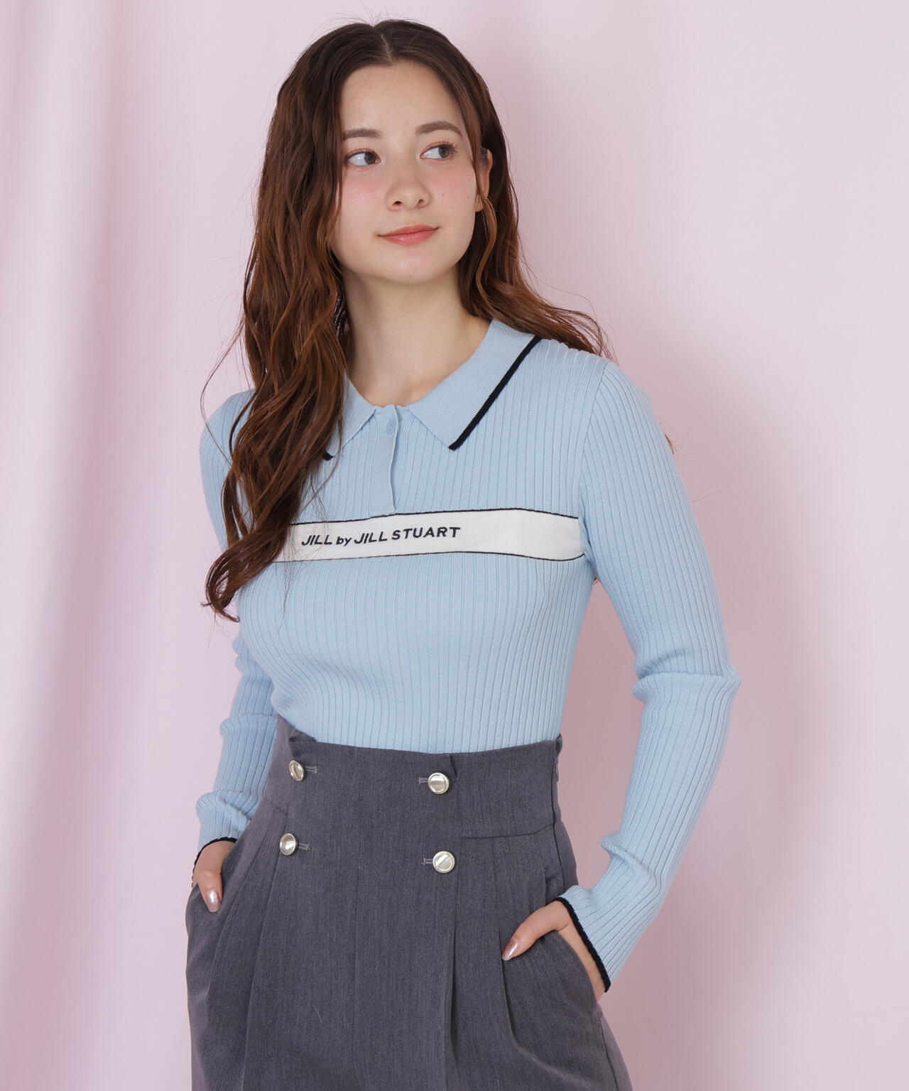 ポロ襟配色ラインリブニット