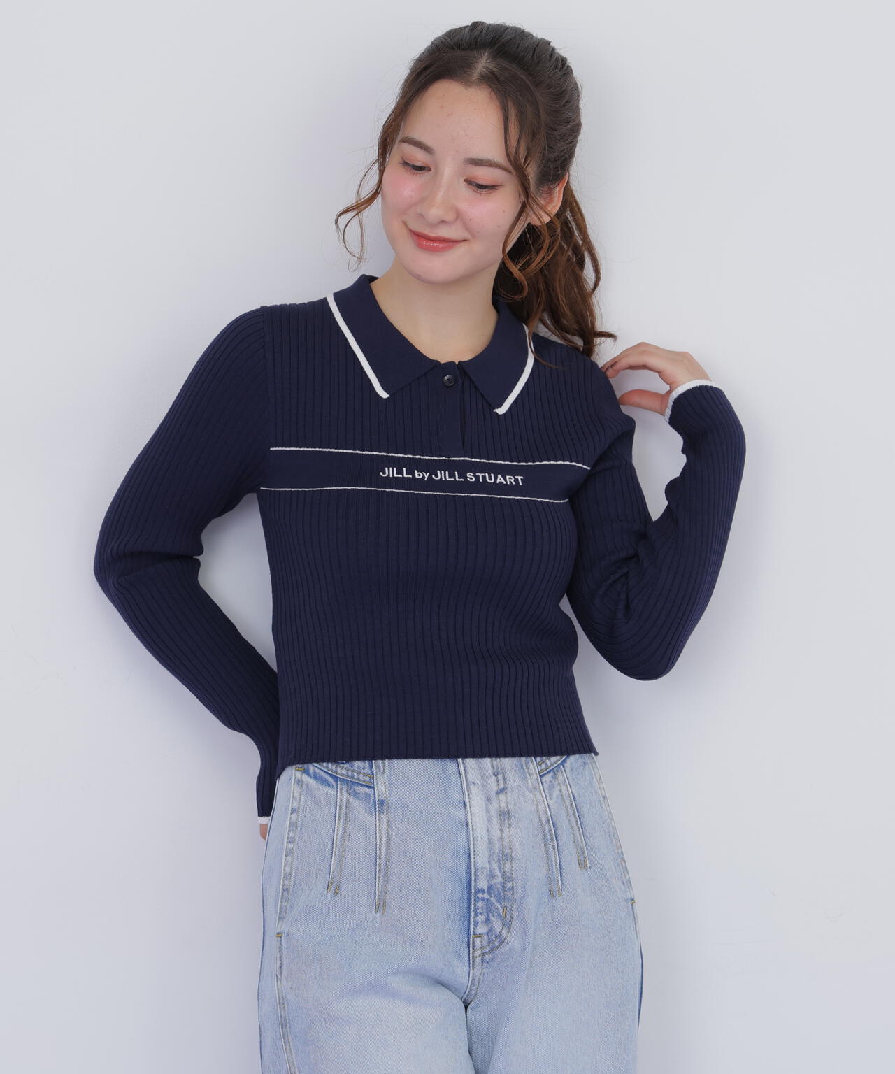 ポロ襟配色ラインリブニット