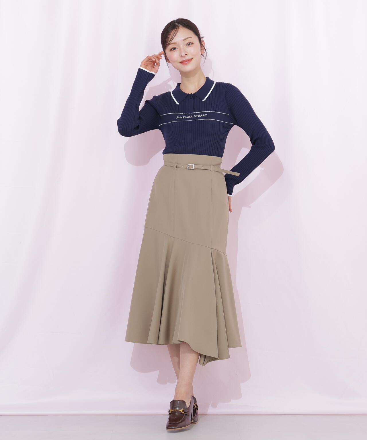 ポロ襟配色ラインリブニット