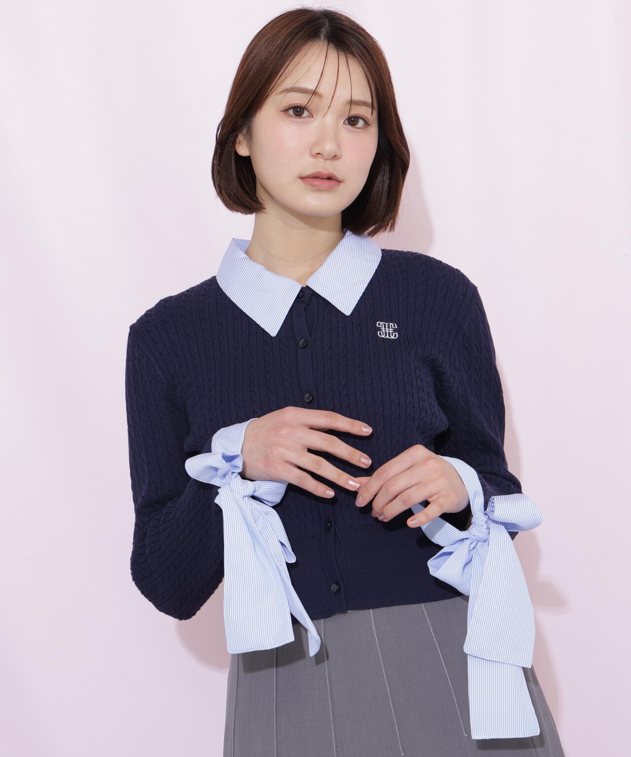 袖リボンケーブルカーディガン